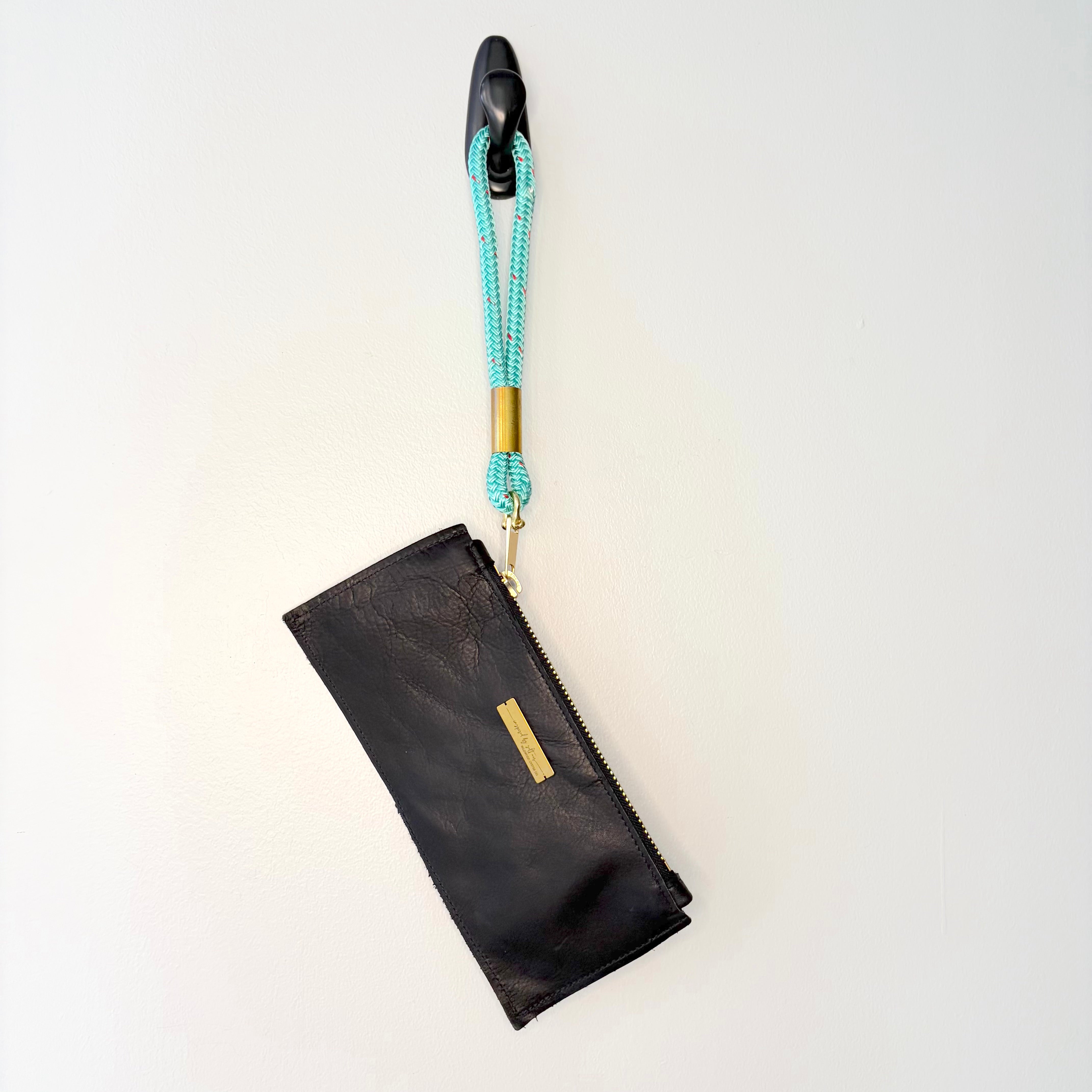 #42 Leather clutch // Black Leather with Seafoam Green Rope Wristlet (2nd quality)