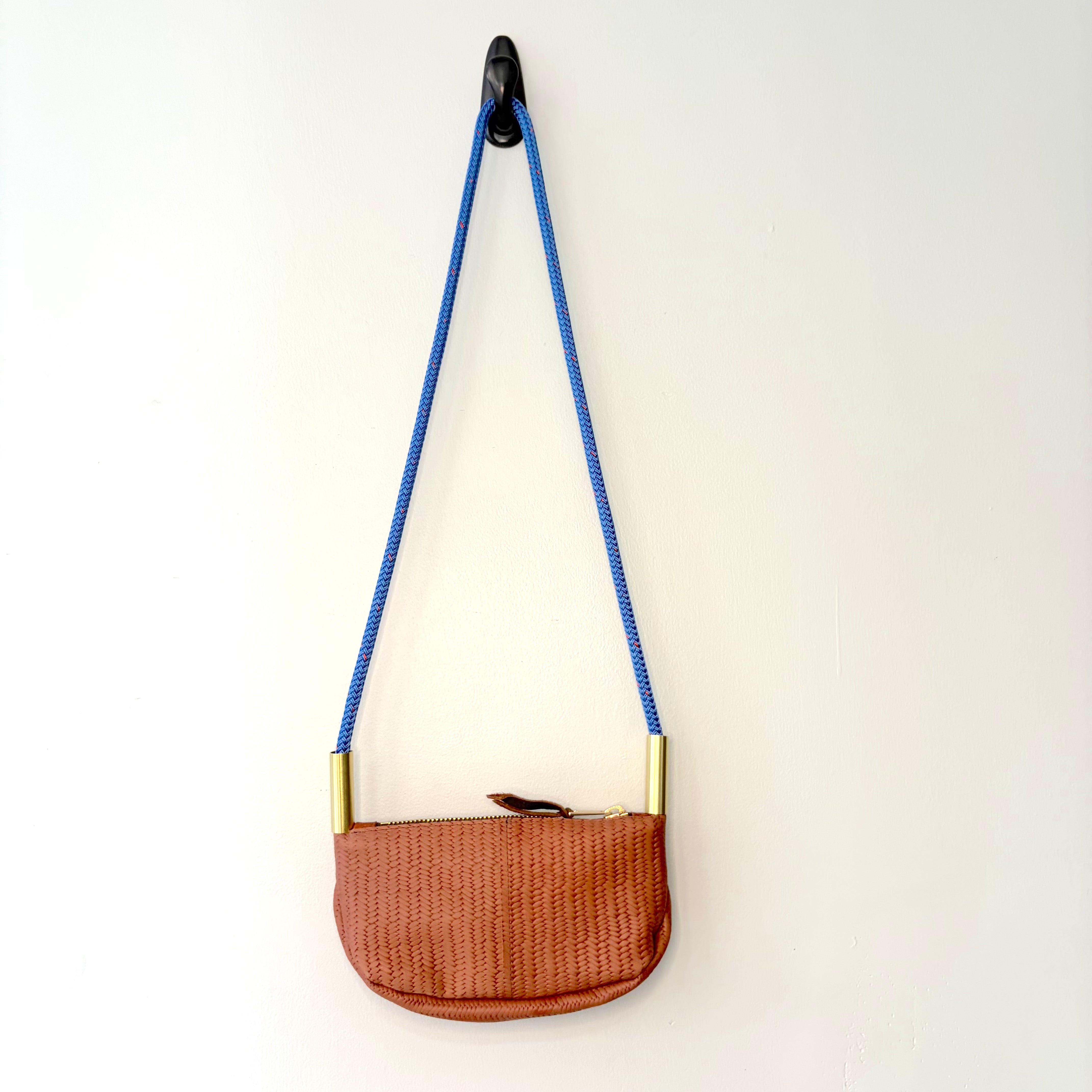 #47 Zip Crossbody // Brown Basketweave Leather with 50" Harborside Blue Dock Line (1st quality)