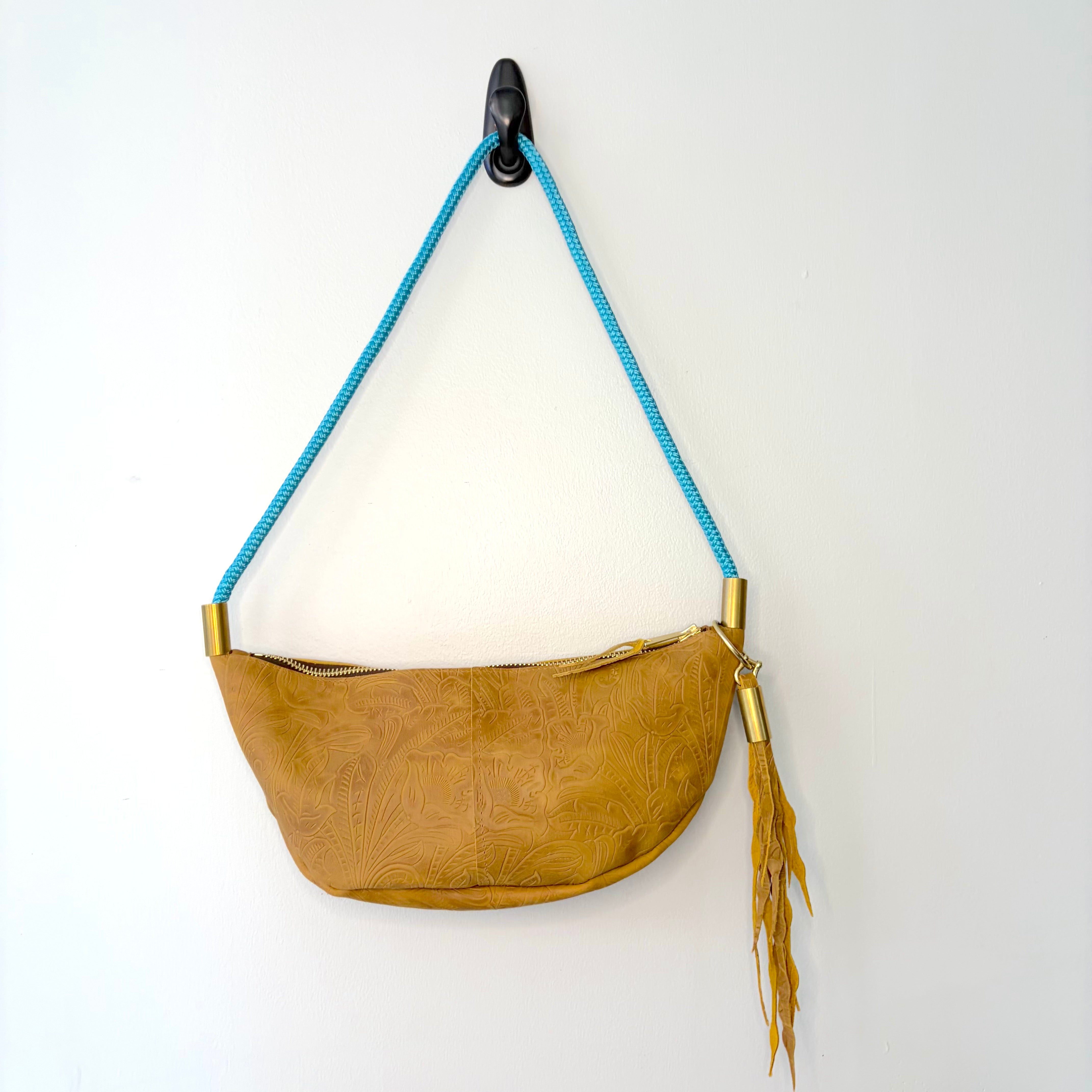 #48 Sling Bag // Beach Cowgirl Leather with 35" Caribbean Blue Dock Line + Matching Seaweed Tassel (2nd quality)