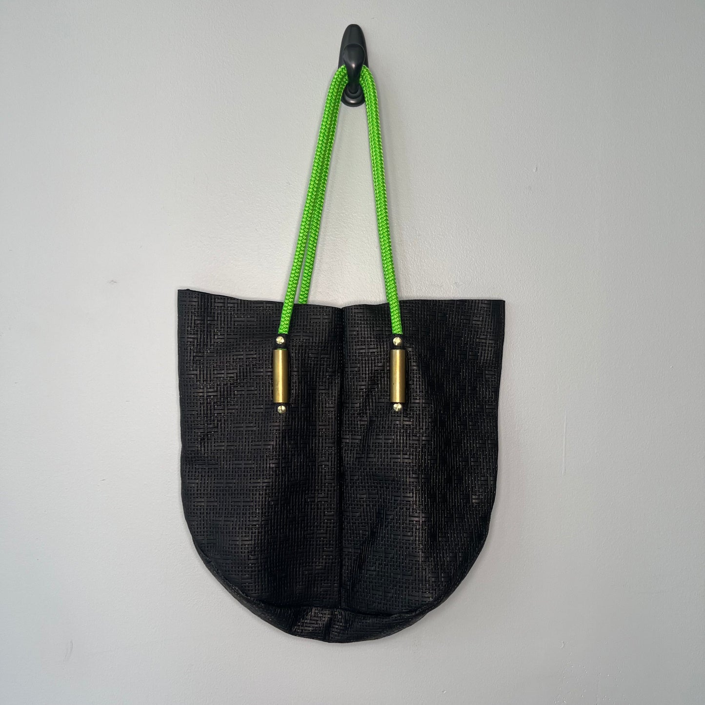 #4 Black Basketweave Leather Tote Prototype | with Neon Green Dock Line (Sample Open Tote)