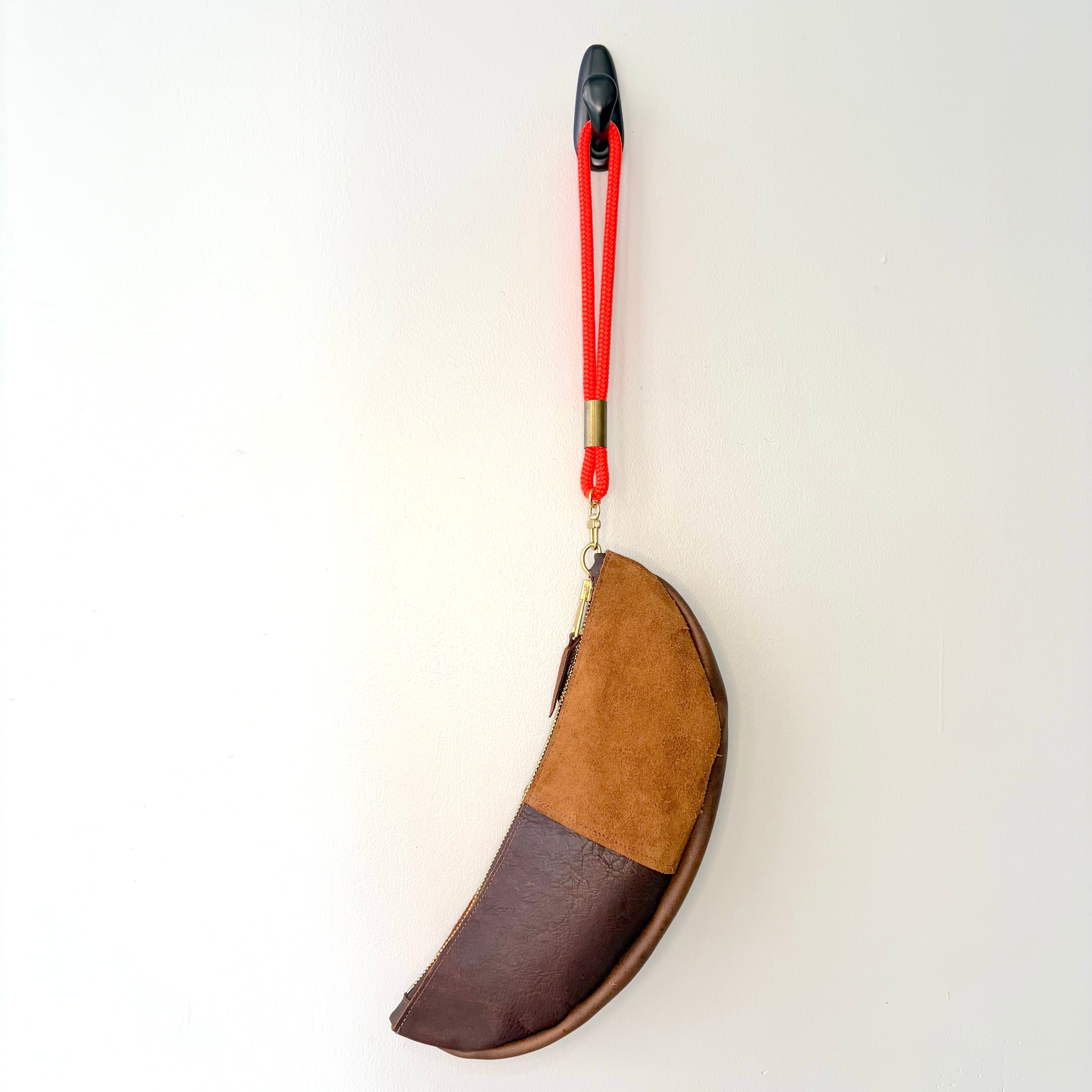 #52 Crescent Moon Clutch // Brown Leather with Limited Edition Neon Orange Loop Wristlet (1st quality)