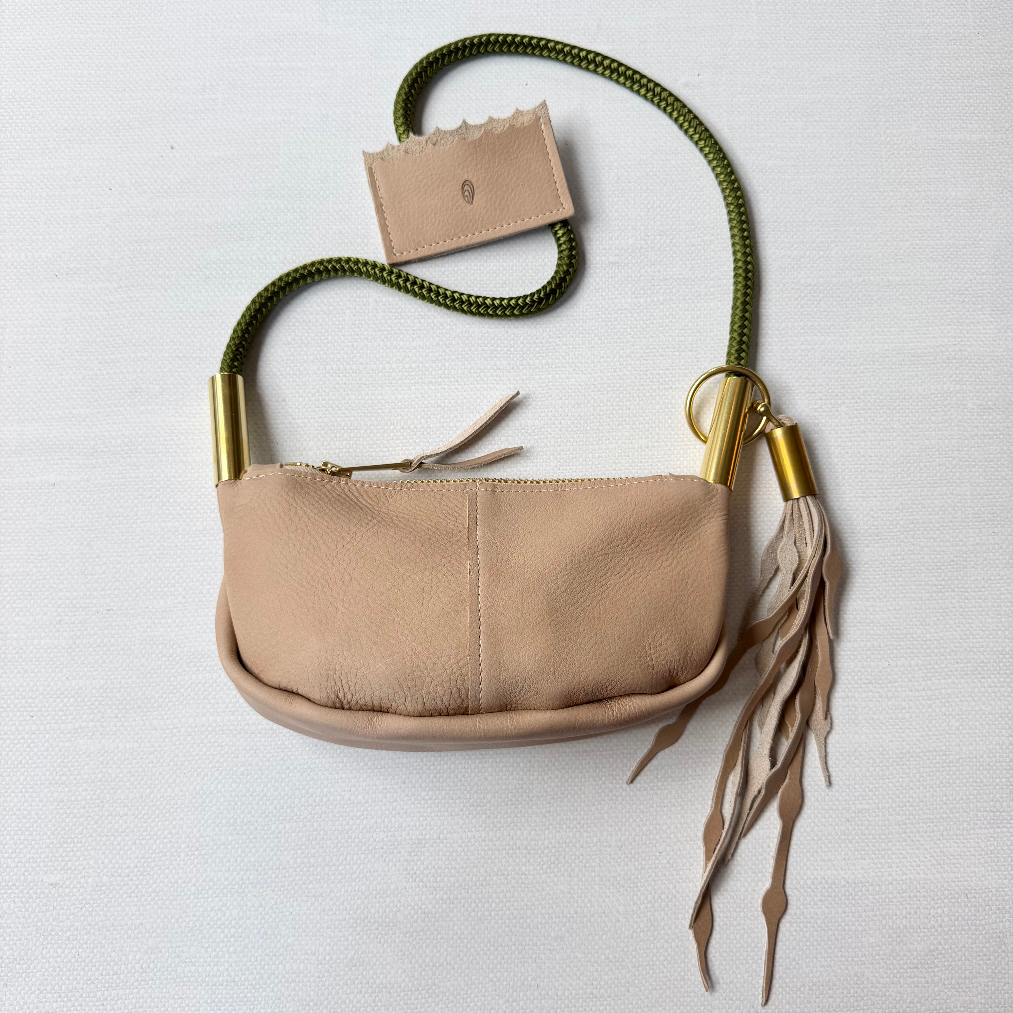 #66 Zip Crossbody // Warm Sand Leather with 35" Kelp Green Dock Line + Matching Mini Wallet (1st quality)