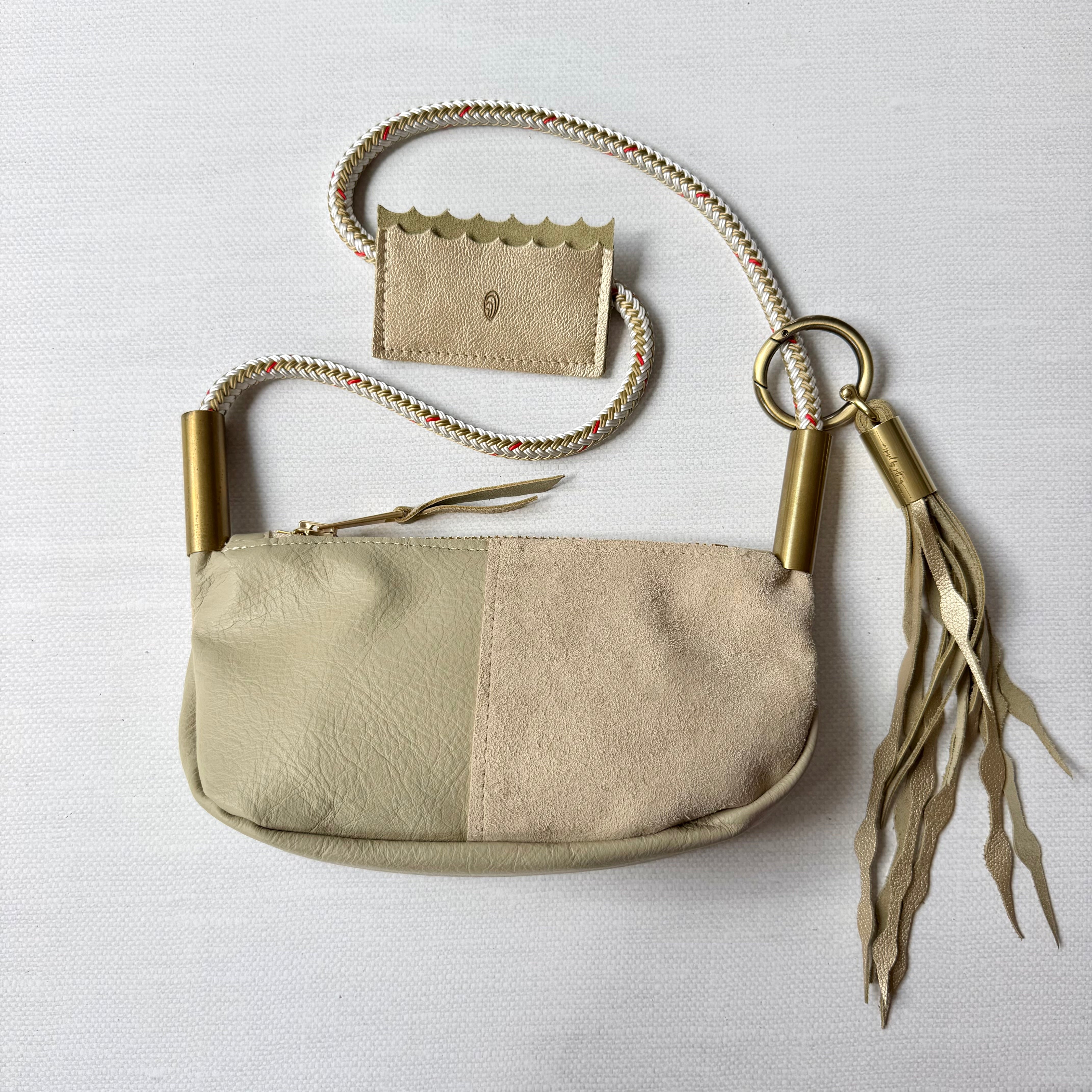#67 Zip Crossbody // Driftwood Beige Leather with 35" Oyster Shell Gold Dock Line + Gold Leather Seaweed Tassel + Gold Leather Mini Wallet (2nd quality)