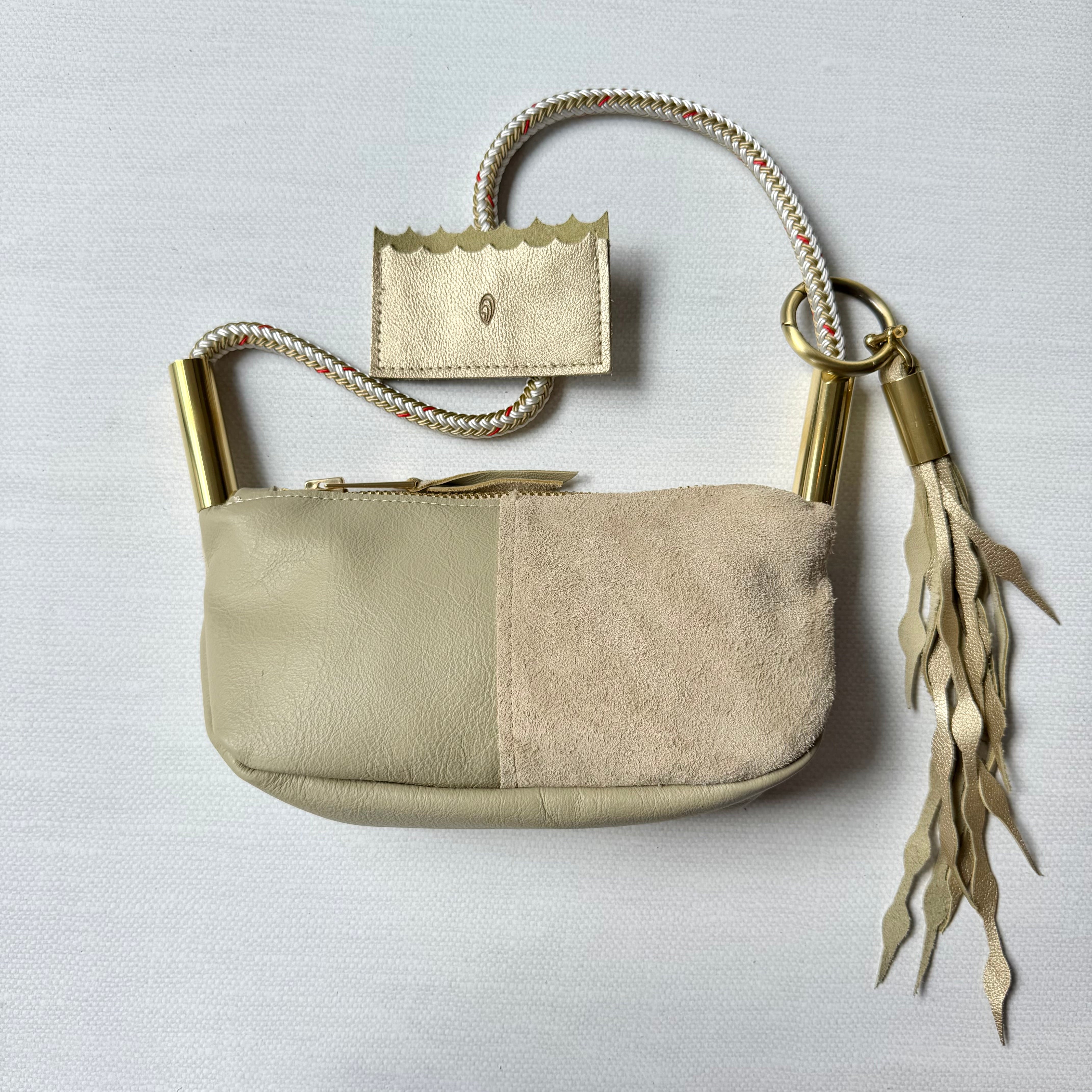 #68 Zip Crossbody // Driftwood Beige Leather with 25" Oyster Shell Gold Dock Line + Gold Leather Seaweed Tassel + Gold Leather Mini Wallet (1st quality)