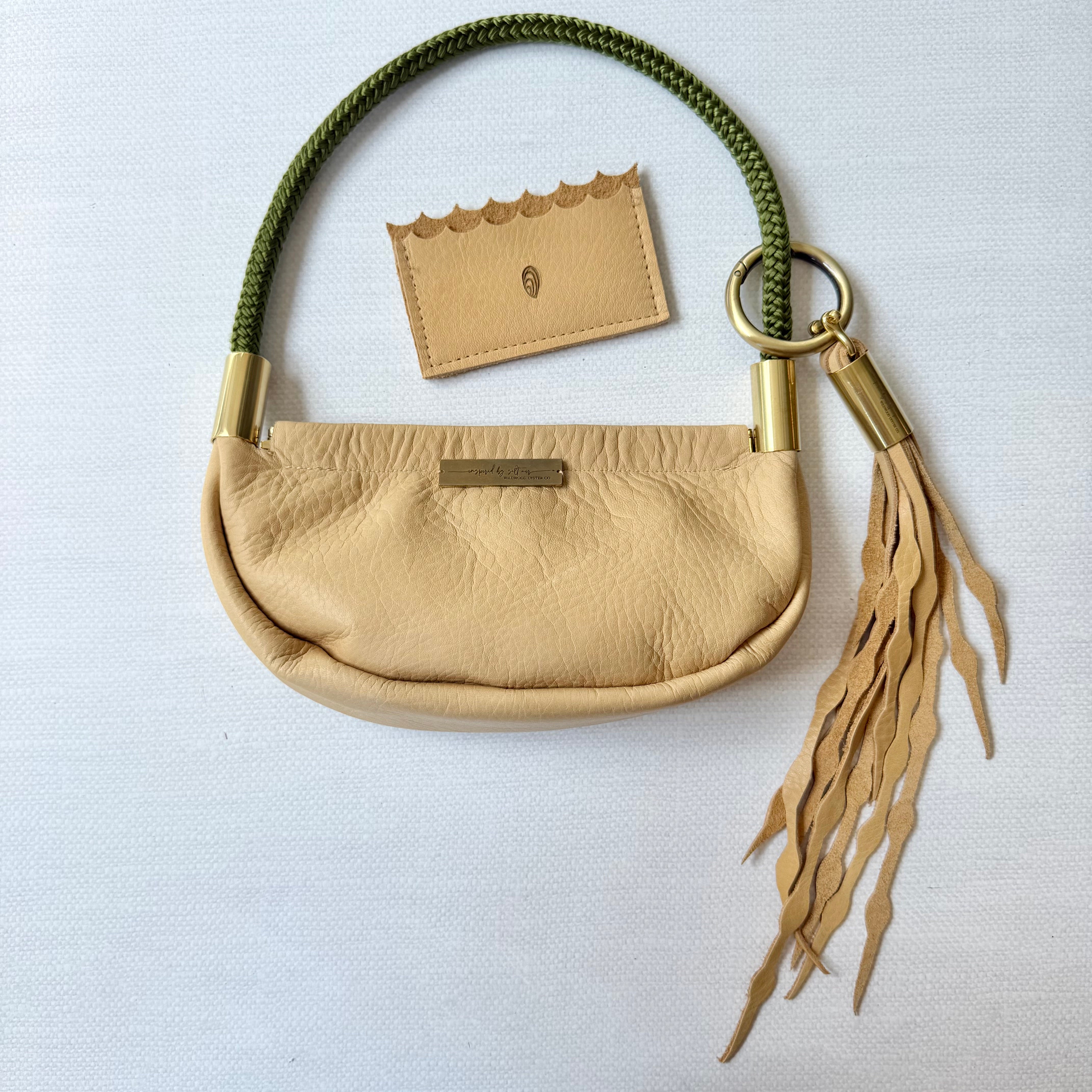 #70 Clam Shell // Warm Sand Leather with 19" Kelp Green Dock Line + Matching Seaweed Tassel + Warm Sand Mini Wallet (1st quality)