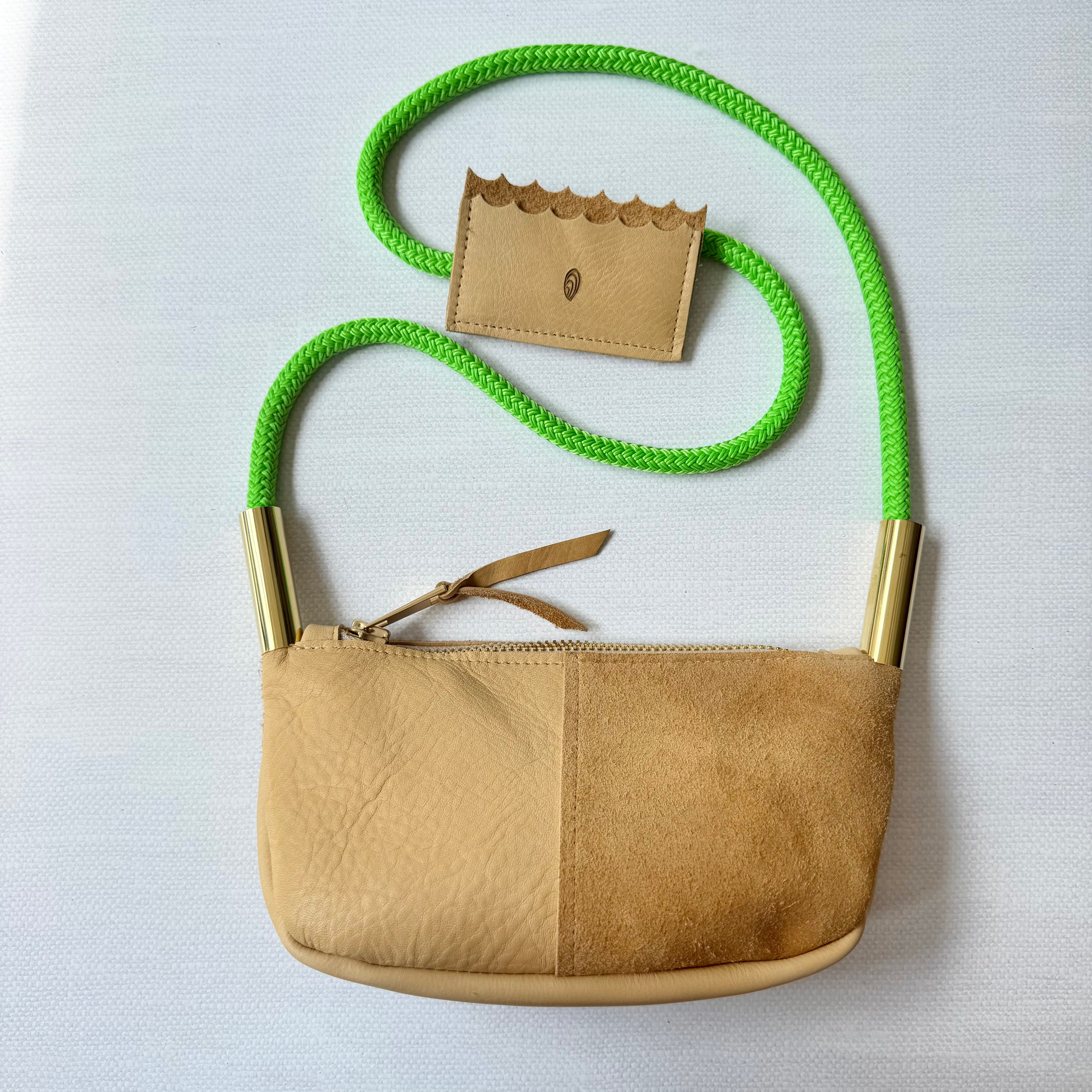 #71 Zip Crossbody // Warm Sand Leather with 45" Neon Green Dock Line + Warm Sand Mini Wallet (1st quality)