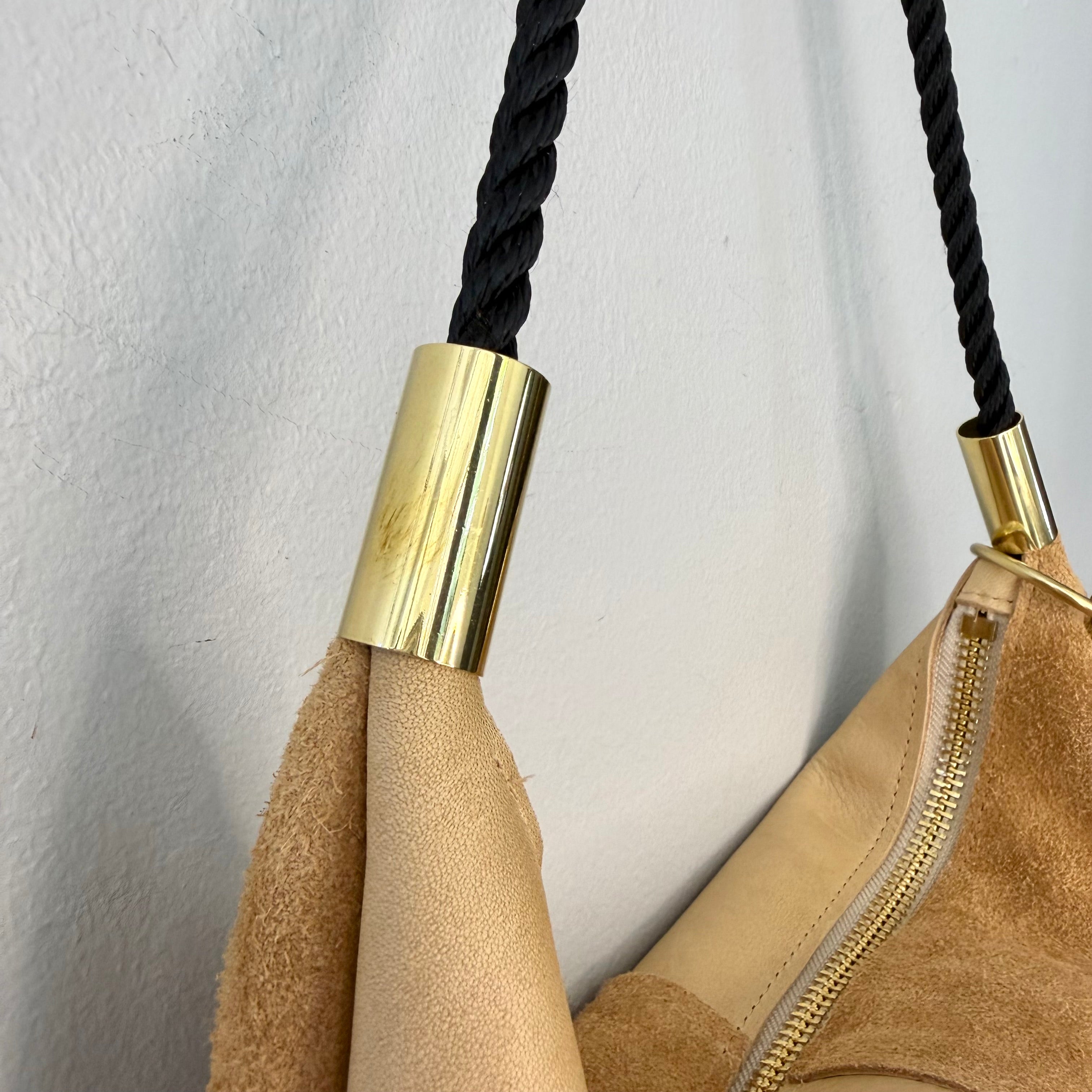 #72 Sling Bag // Warm Sand Leather with 25" Summer Night Black Dock Line + Matching Seaweed Tassel (2nd quality)