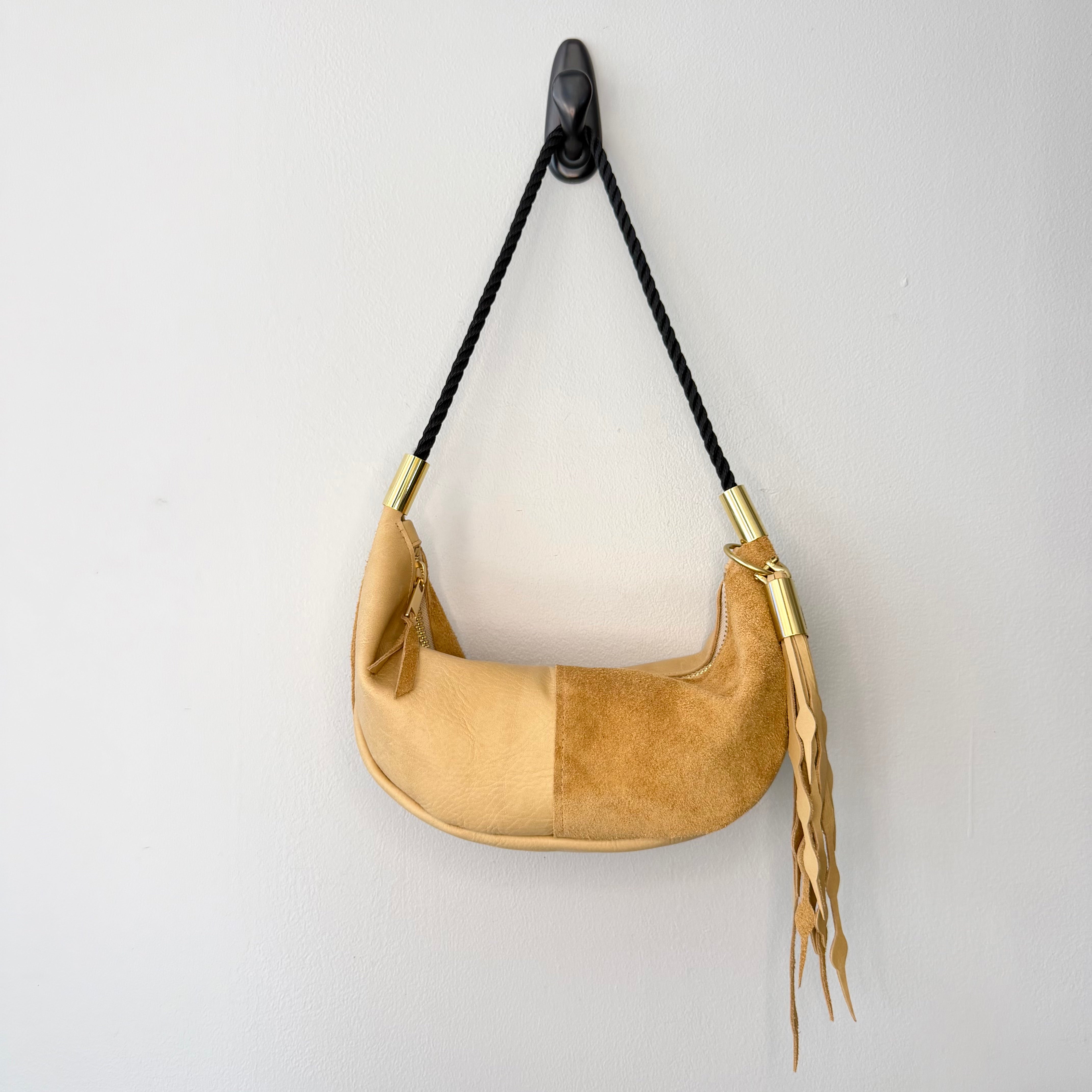 #72 Sling Bag // Warm Sand Leather with 25" Summer Night Black Dock Line + Matching Seaweed Tassel (2nd quality)