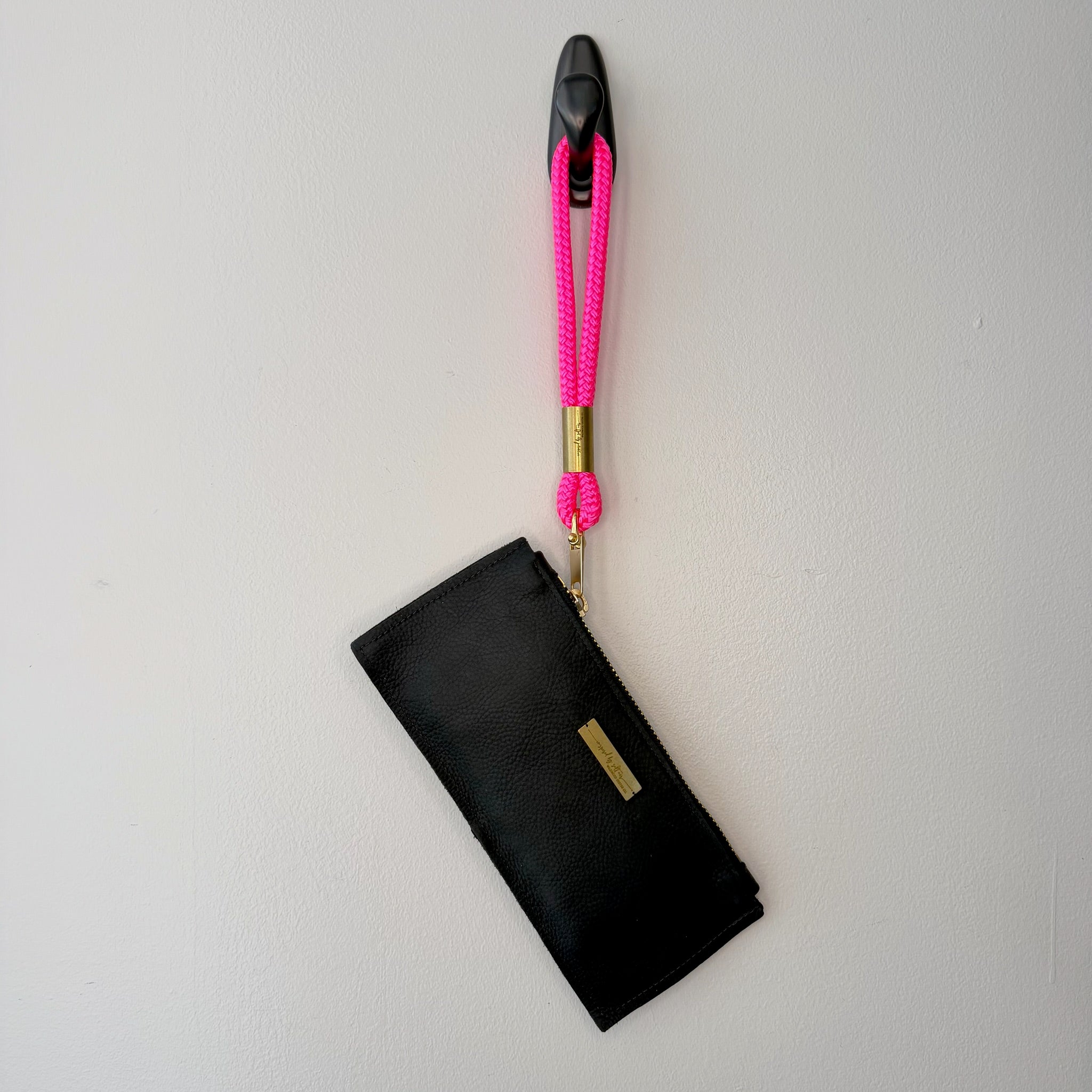#73 Black Leather Clutch with Neon Pink Rope Wristlet (1st quality)