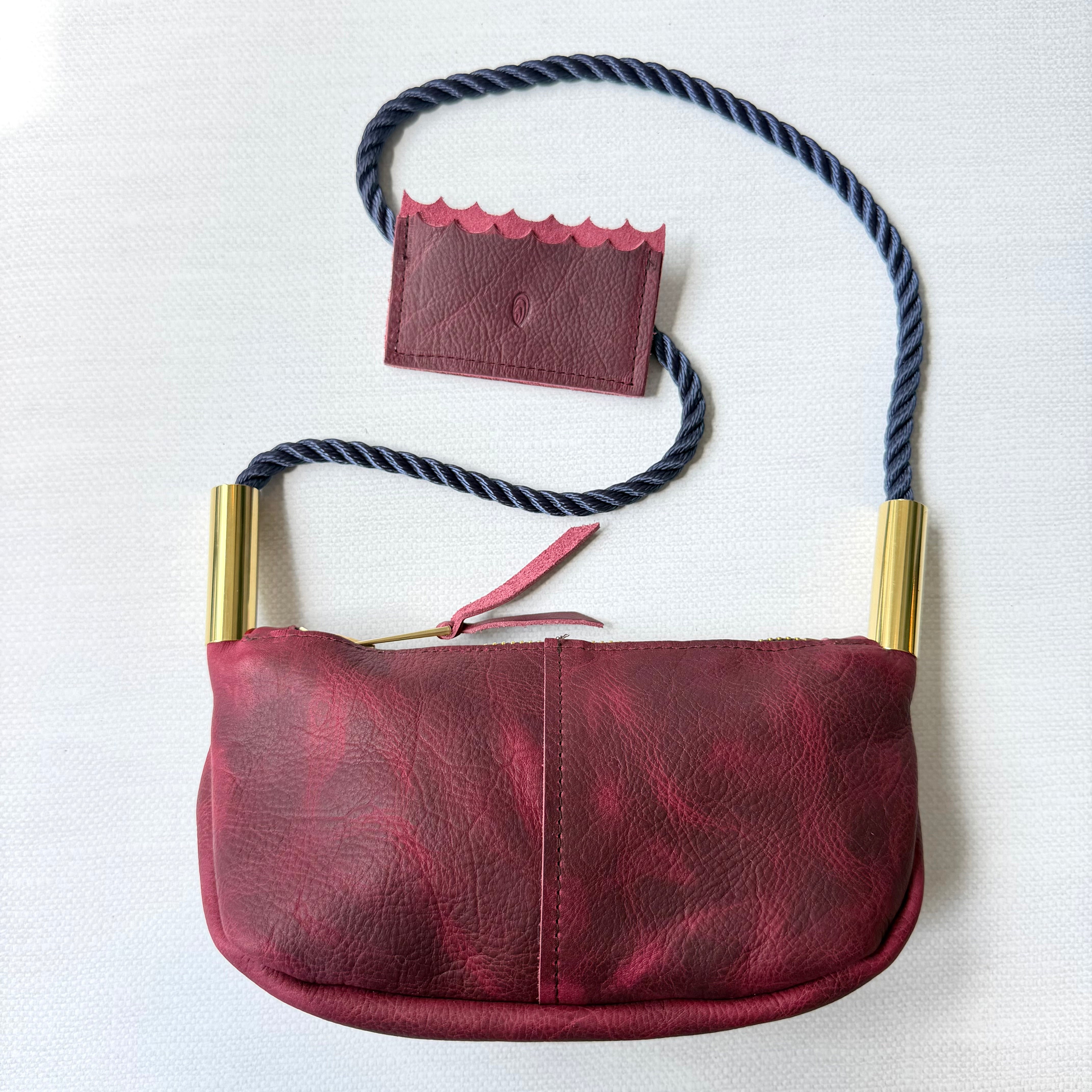#76 Zip Crossbody // Limited Edition Garnet Leather with 35" New England Navy Dock Line + Matching Mini Wallet (1st quality)