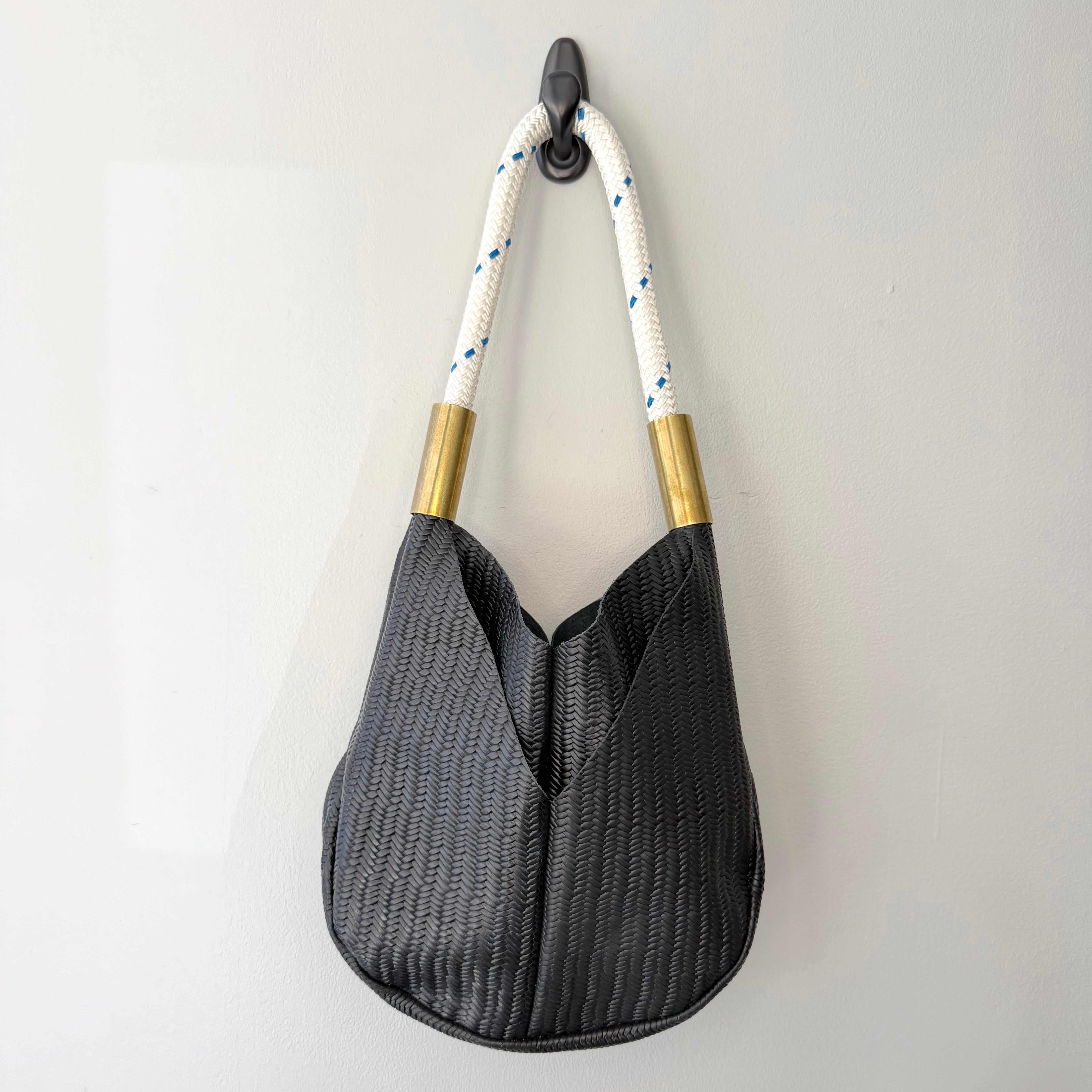 #77 Original Wildwood Bag | Small // Black Basketweave Leather with 24" Cabana Blue Dock Line (1st quality)