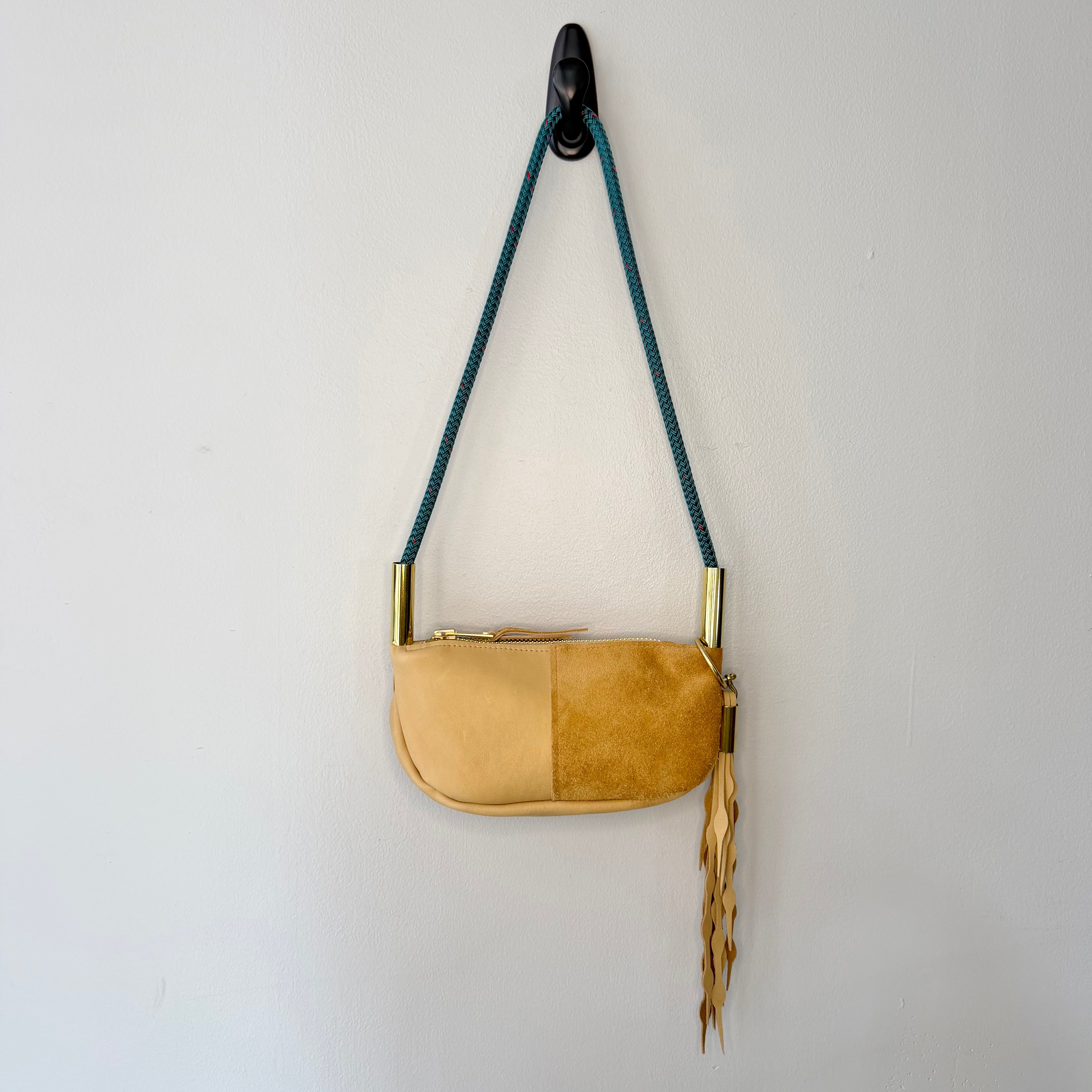 #79 Zip Crossbody // Sand Leather with 35" Seaside Teal Dock Line + Matching Seaweed Tassel (2nd quality)