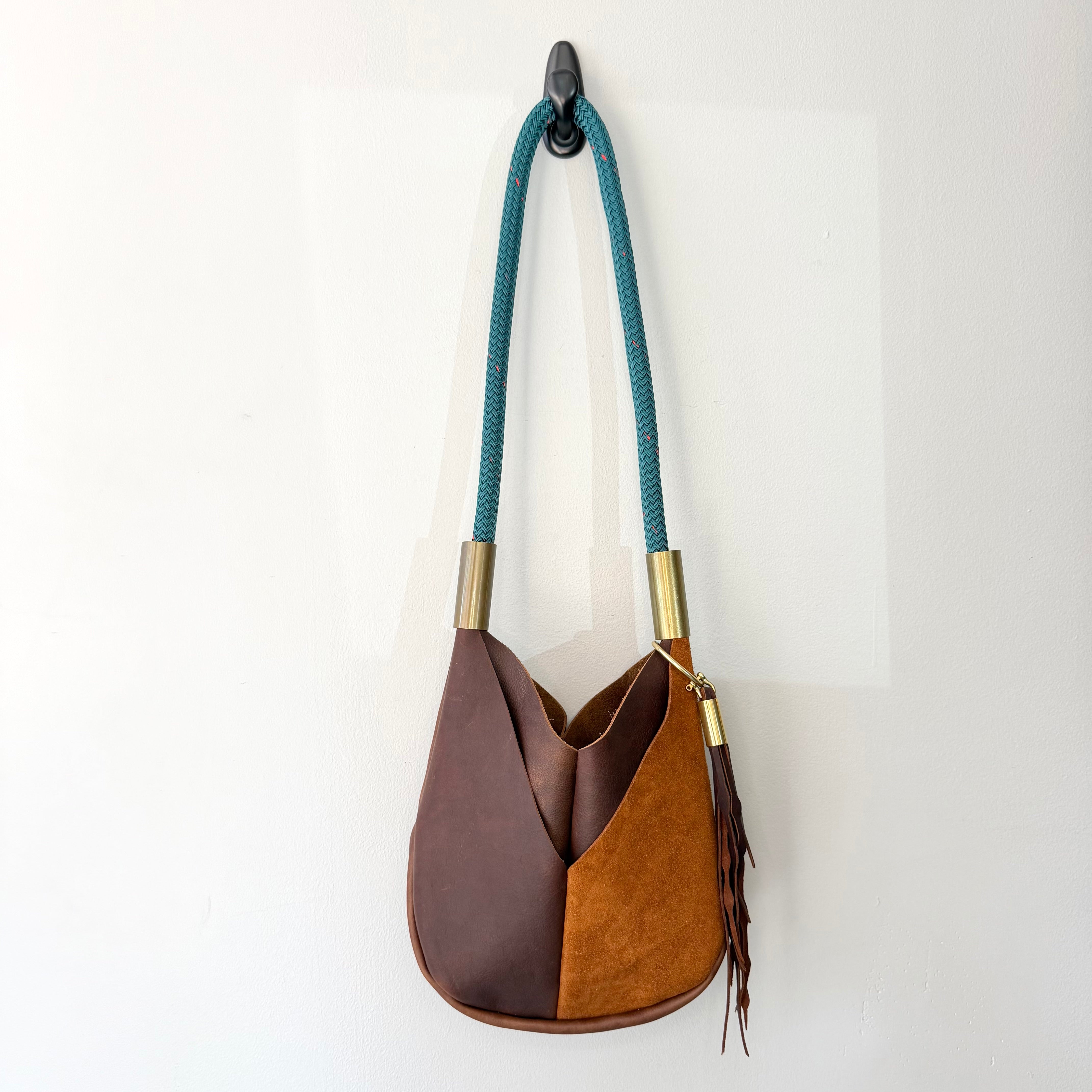 #81 Original Wildwood Bag | Small Crossbody // Brown Leather with 37" Seaside Teal Dock Line + Matching Seaweed Tassel (2nd quality)