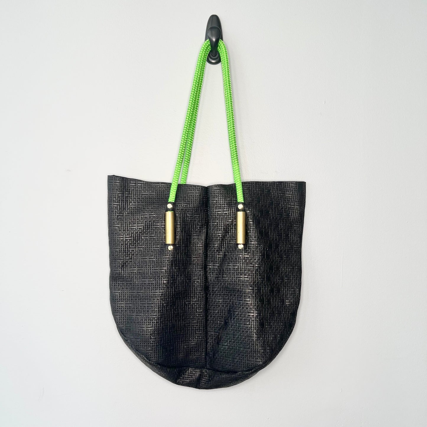 #4 Black Basketweave Leather Tote Prototype | with Neon Green Dock Line (Sample Open Tote)