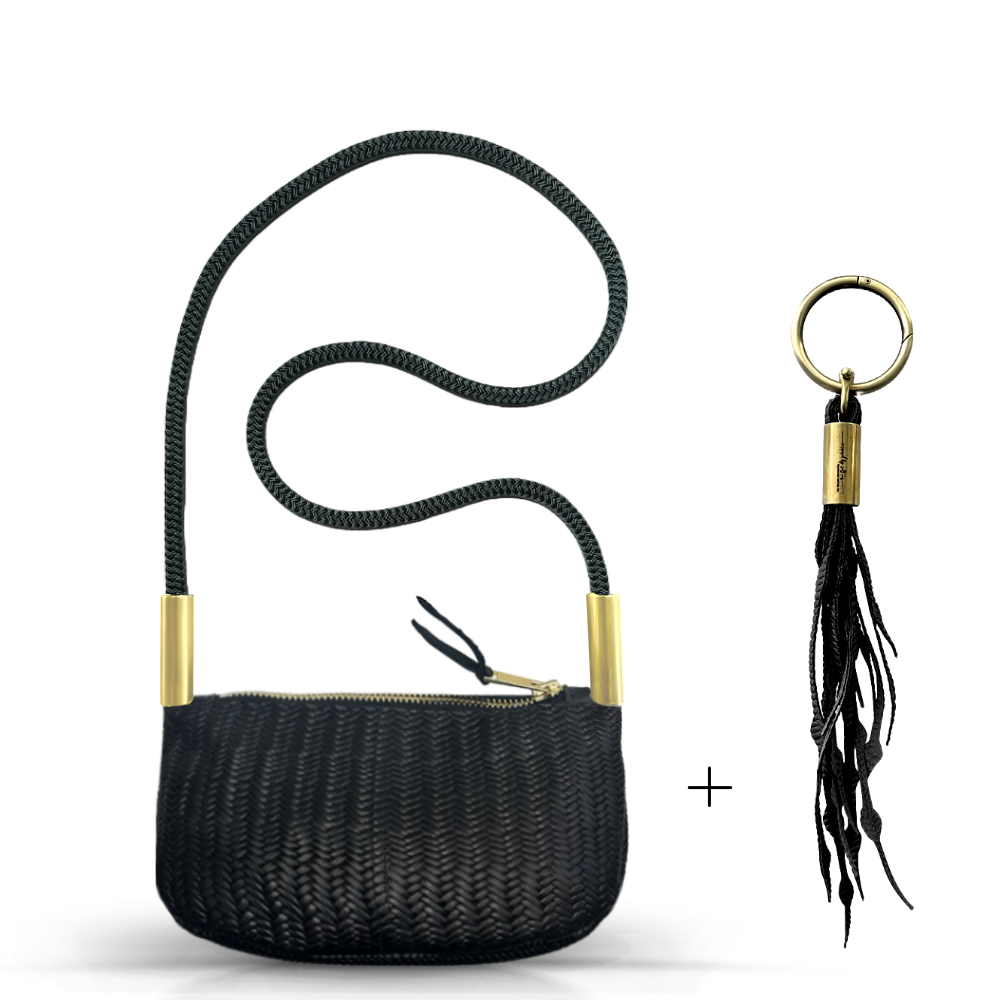 Zip Crossbody in Black Basketweave Leather