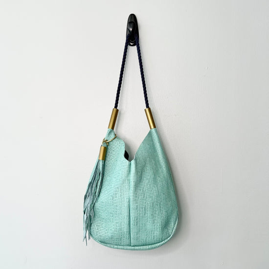 #21 Mermaid Purse in Seafoam Aqua Raffia Leather with New England Navy Dock Line + Matching Seaweed Tassel