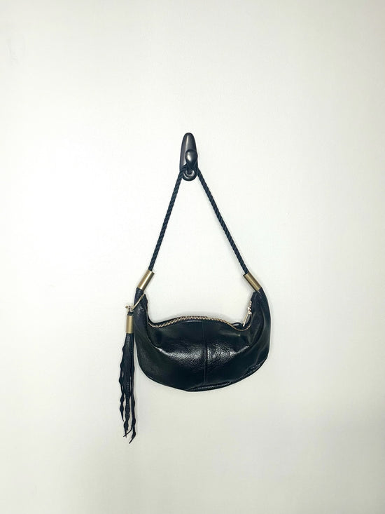 Sling Bag in Black Metallic Leather with 25" Summer Night Black Dock Line + Matching Seaweed Tassel