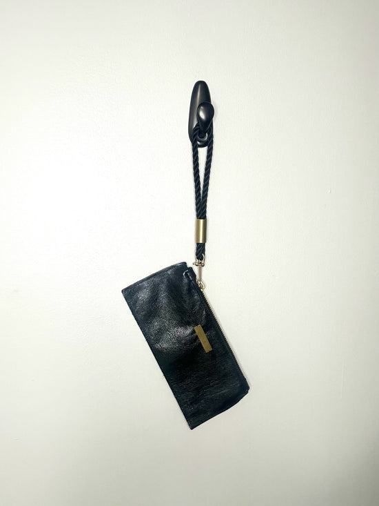 Black Metallic Leather Clutch with Summer Night Black Wristlet