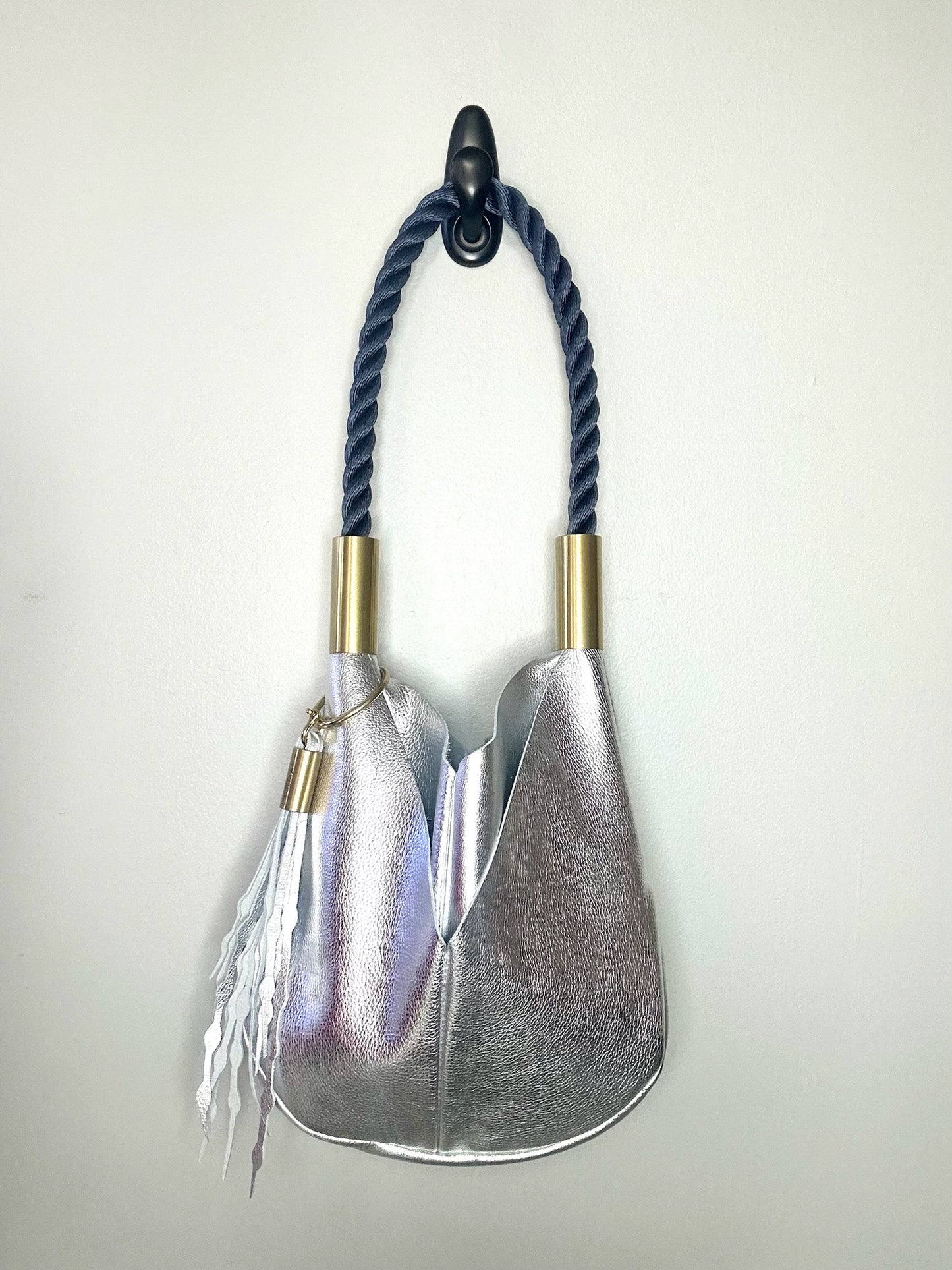 Original Wildwood Bag | Small Silver Metallic Leather with 24" New England Navy Dock Line + Matching Seaweed Tassel