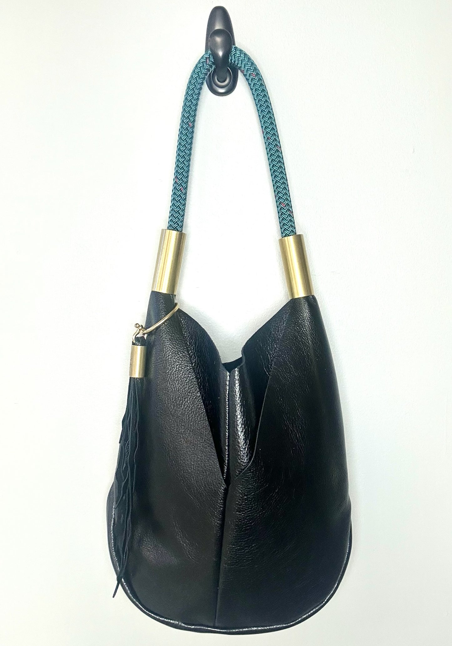 Original Wildwood Bag | Large Black Metallic Leather with 24" Seaside Teal Dock Line + Matching Seaweed Tassel