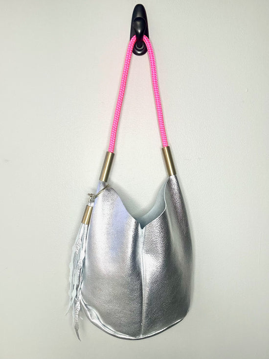 Mermaid Purse in Silver Metallic Leather with 25" Neon Pink Dock Line + Matching Seaweed Tassel