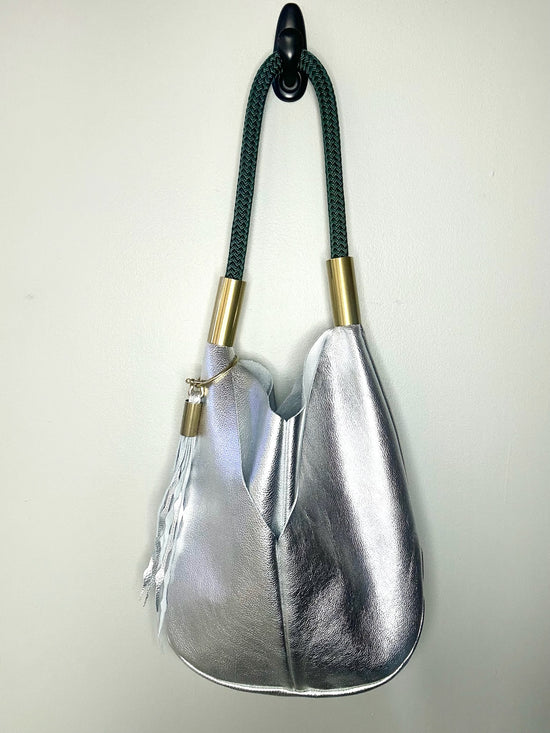 Original Wildwood Bag | Large Silver Metallic with 24" Pine Green Dock Line + Matching Seaweed Tassel