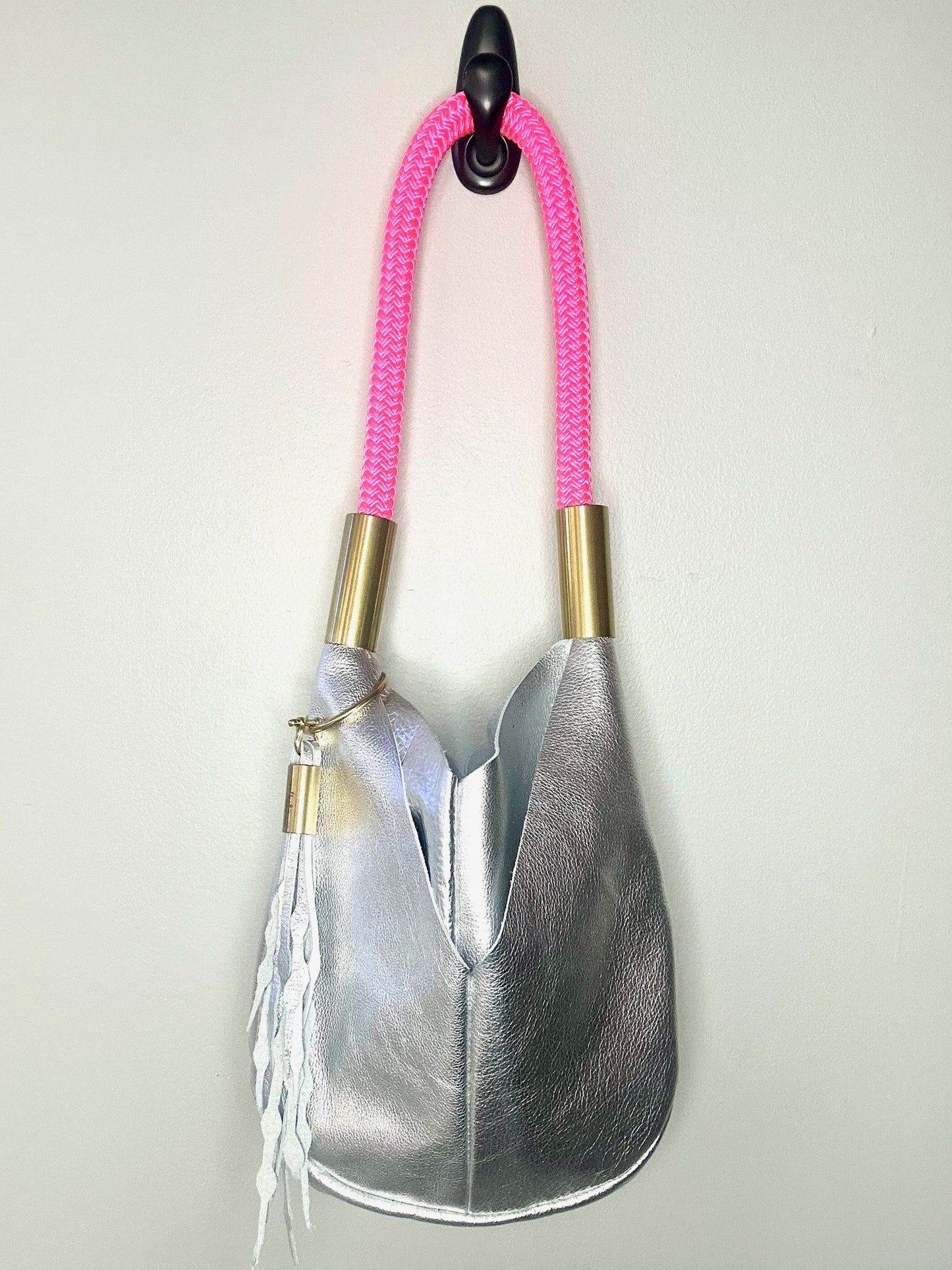 Original Wildwood Bag | Small Silver Metallic Leather with 24" Neon Pink Dock Line + Matching Seaweed Tassel