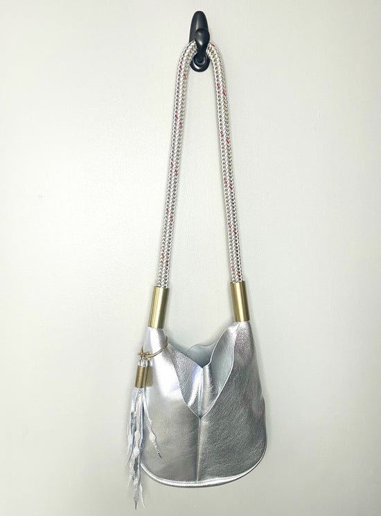 Original Wildwood Bag |. Small Crossbody in Silver Metallic Leather with 40" Oyster Shell Gold Dock Line + Matching Seaweed Tassel