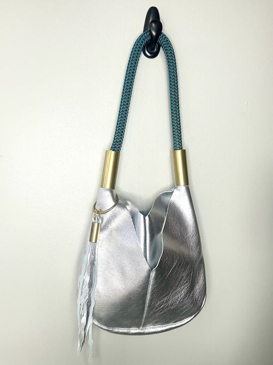 Original Wildwood Bag | Small Silver Metallic Leather with 24" Seaside Teal Dock Line + Matching Seaweed Tassel