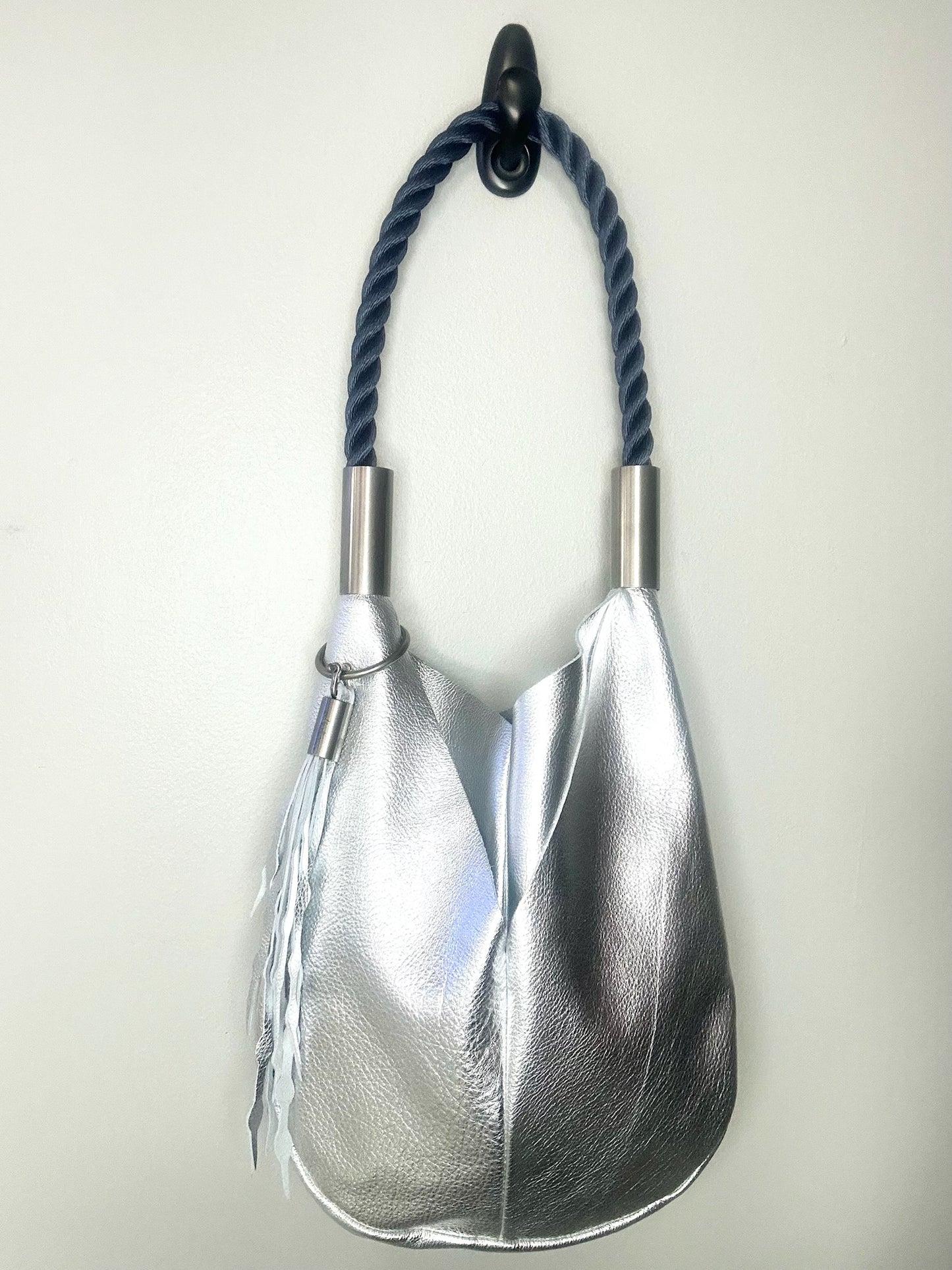 Original Wildwood Bag | Large Silver Metallic Leather with 24" New England Navy Dock Line with Silver Hardware + Matching Seaweed Tassel + SNAP