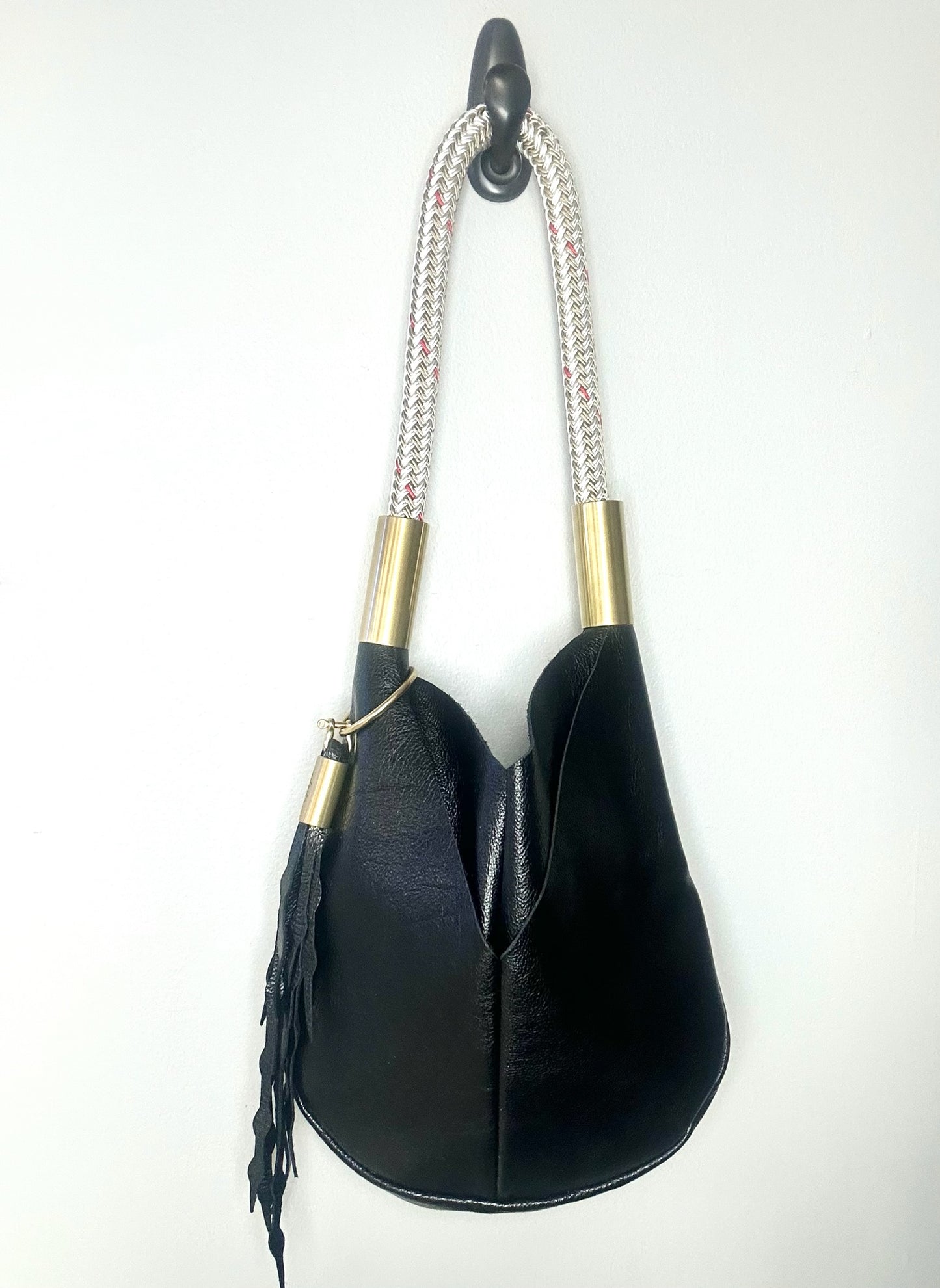 Original Wildwood Bag | Small Black Metallic Leather with 24" Oyster Shell Gold Dock Line + Matching Seaweed Tassel