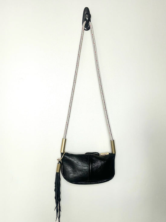 Zip Crossbody in Black Metallic Leather with 50" Oyster Shell Gold Dock Line + Matching Seaweed Tassel