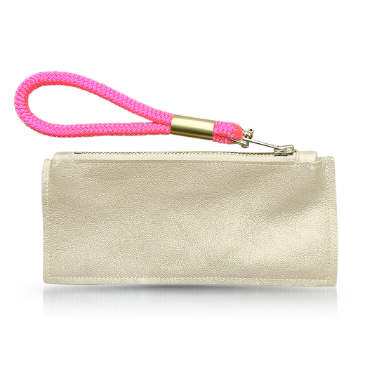 Limited Edition Gold Leather: Clutch | with Neon Pink Rope Wristlet