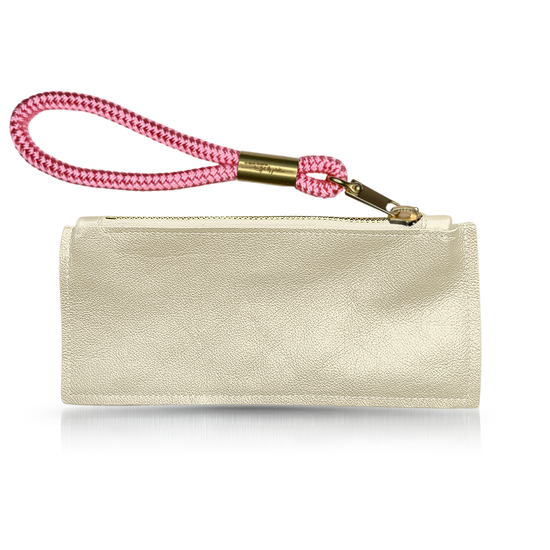 Limited Edition Gold Leather: Clutch | with Pink Beach Rose Rope Wristlet