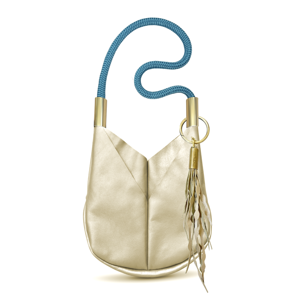 Limited Edition Gold Leather: Original Wildwood Bag in Small Crossbody | with Caribbean Blue Dock Line + Matching Seaweed Tassel