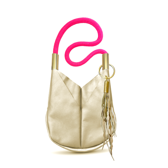 Limited Edition Gold Leather: Original Wildwood Bag in Small Crossbody | with Neon Pink Dock Line + Matching Seaweed Tassel