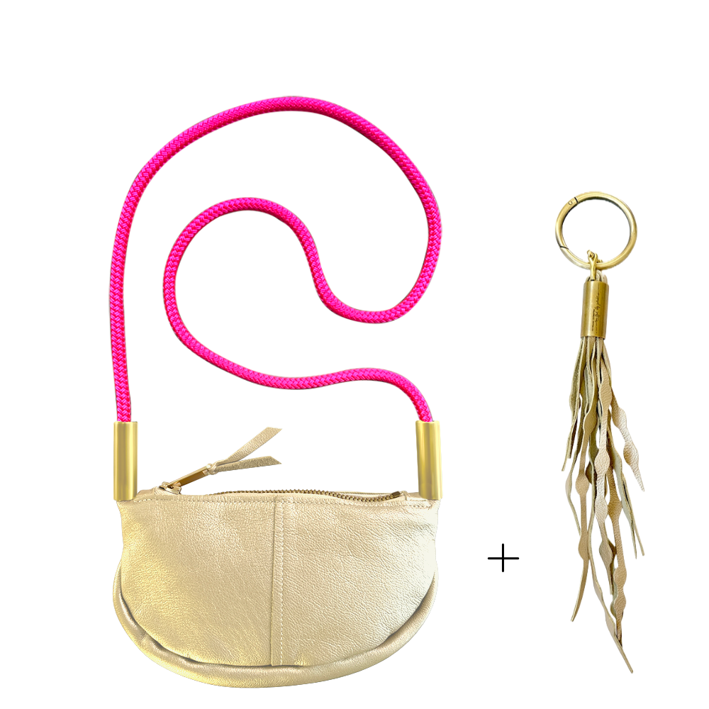 Limited Edition Gold Leather: Zip Crossbody | with 50" Neon Pink Dock Line + Matching Seaweed Tassel