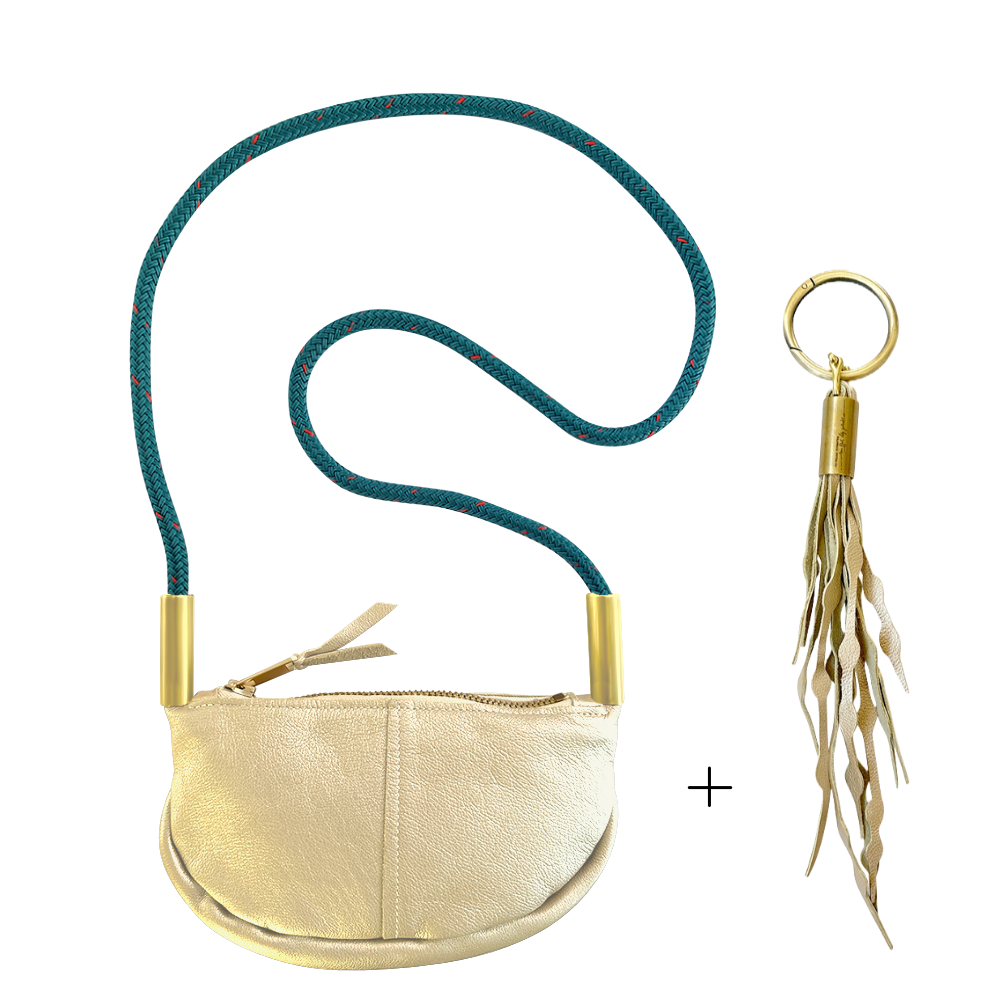 Limited Edition Gold Leather: Zip Crossbody | with 50" Seaside Teal Dock Line + Matching Seaweed Tassel