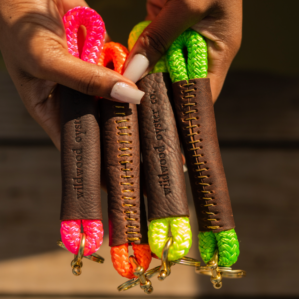 neon pink,  neon orange, neon yellow and neon green rope and leather keychains