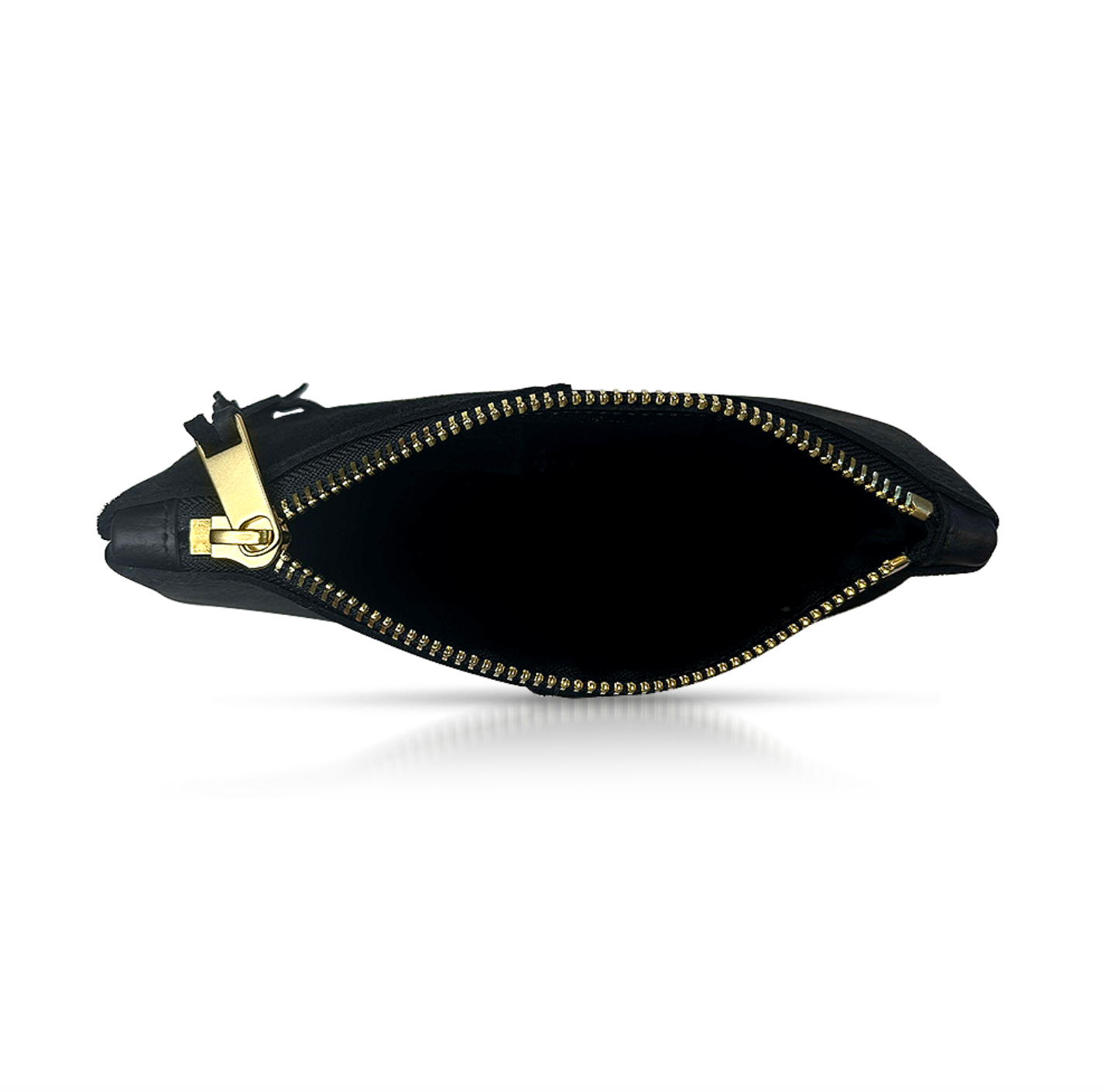 closeup of open zipper on black leather makeup bag