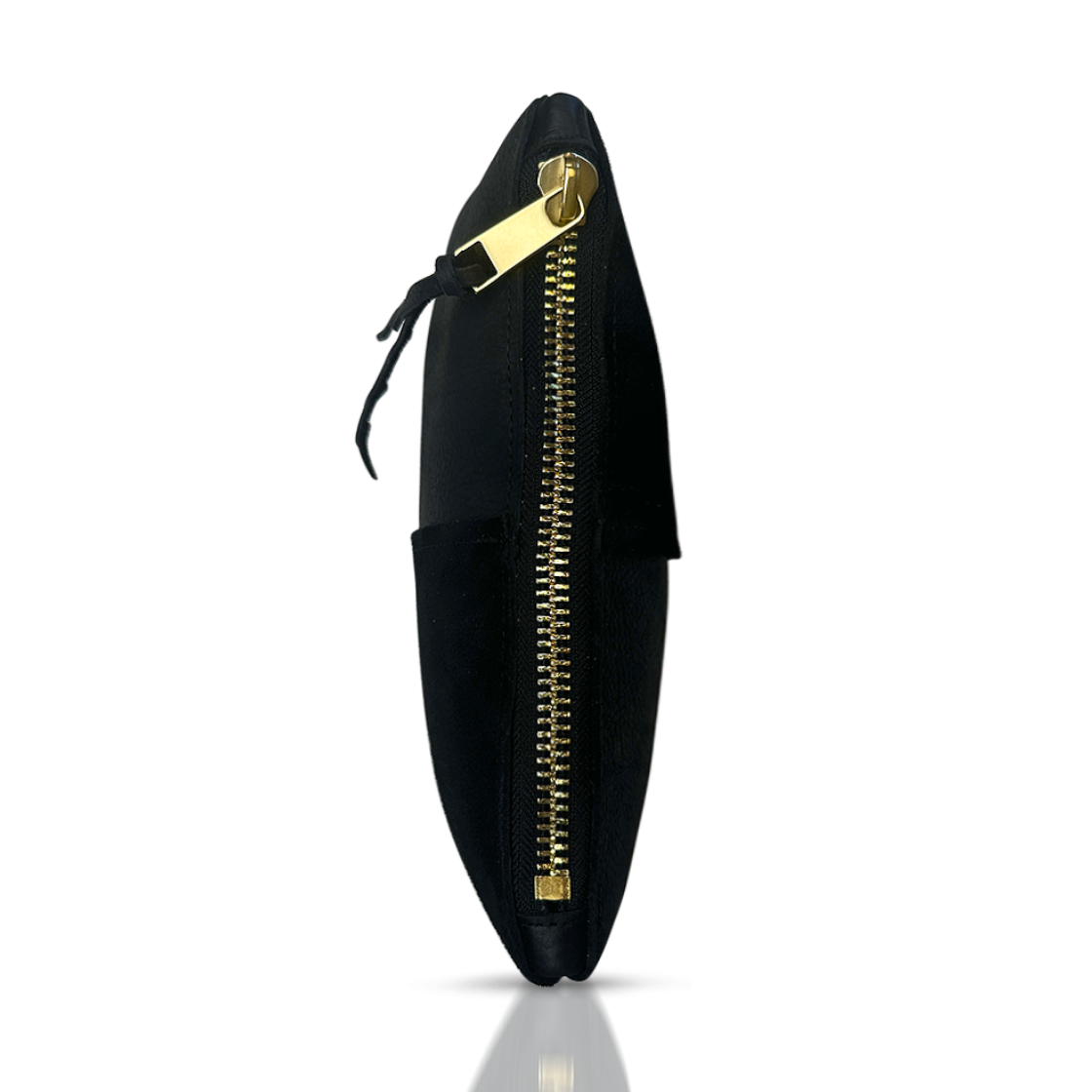 closeup of zipper on black leather makeup bag