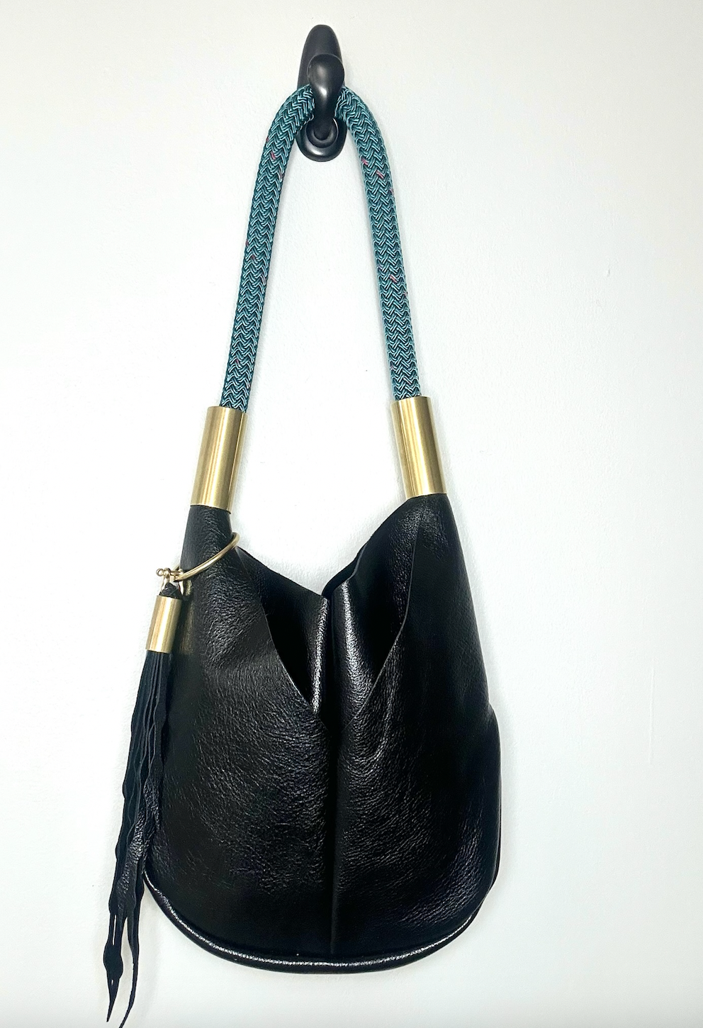 black metallic small tote with teal dockline