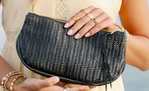 Makeup Bag in Black Basketweave Leather