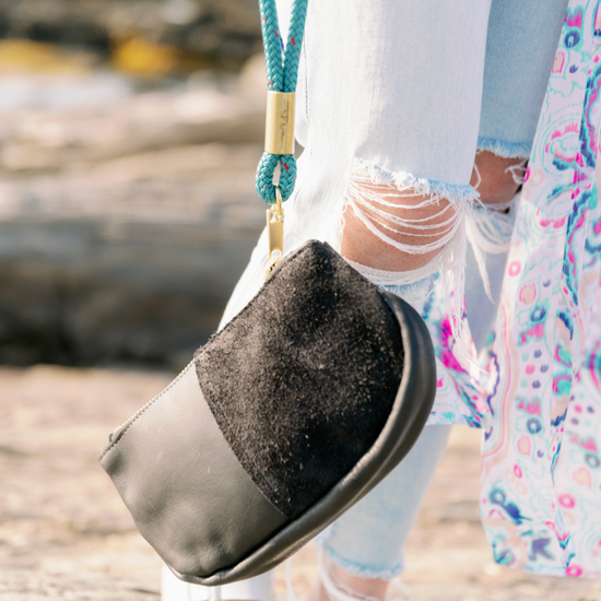 closeup of black makeup bag with dockline strap