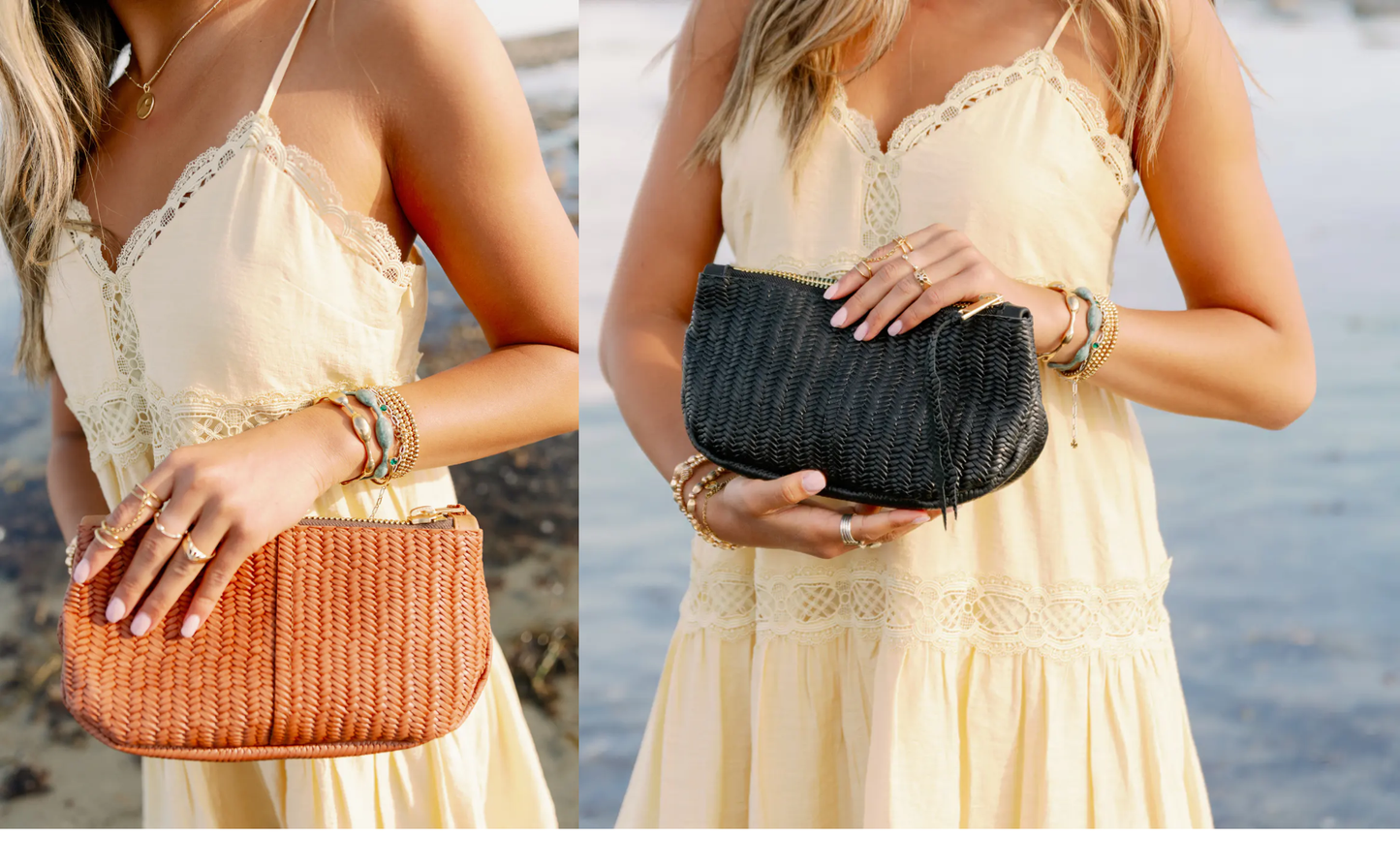 beach nut and black basketweave leather makeup bags