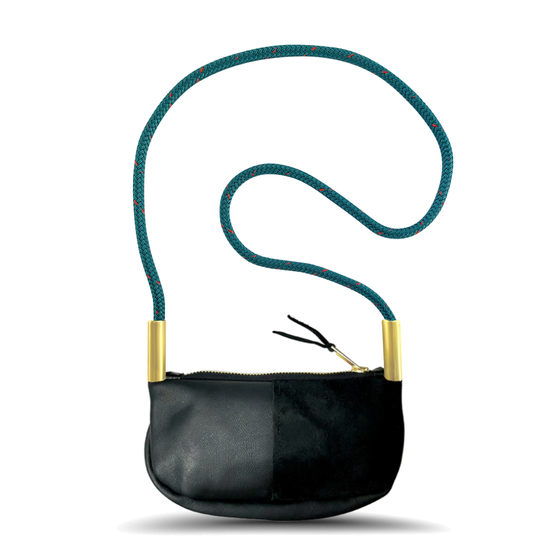 Load image into Gallery viewer, black leather zip crossbody bag with teal dock line
