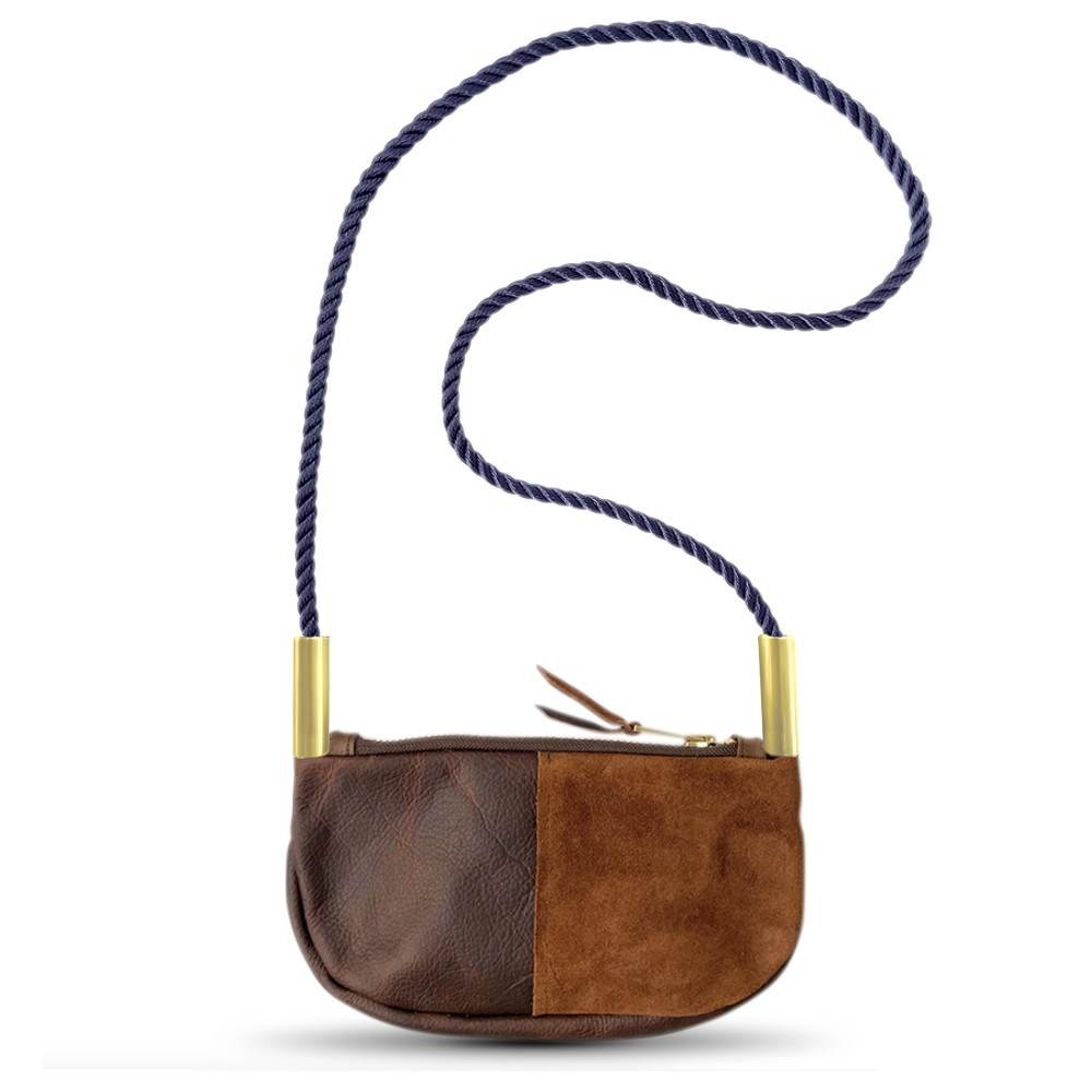 Load image into Gallery viewer, brown leather zip crossbody bag with new england navy dock line
