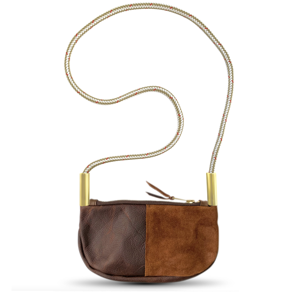 brown leather zip crossbody bag with oystershell gold dock line