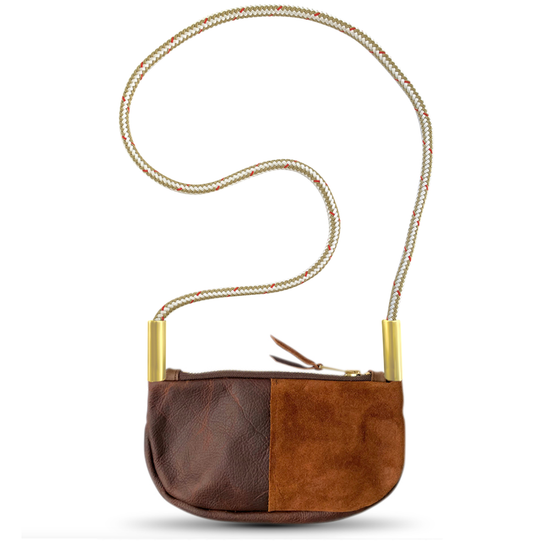 brown leather zip crossbody bag with oystershell gold dock line