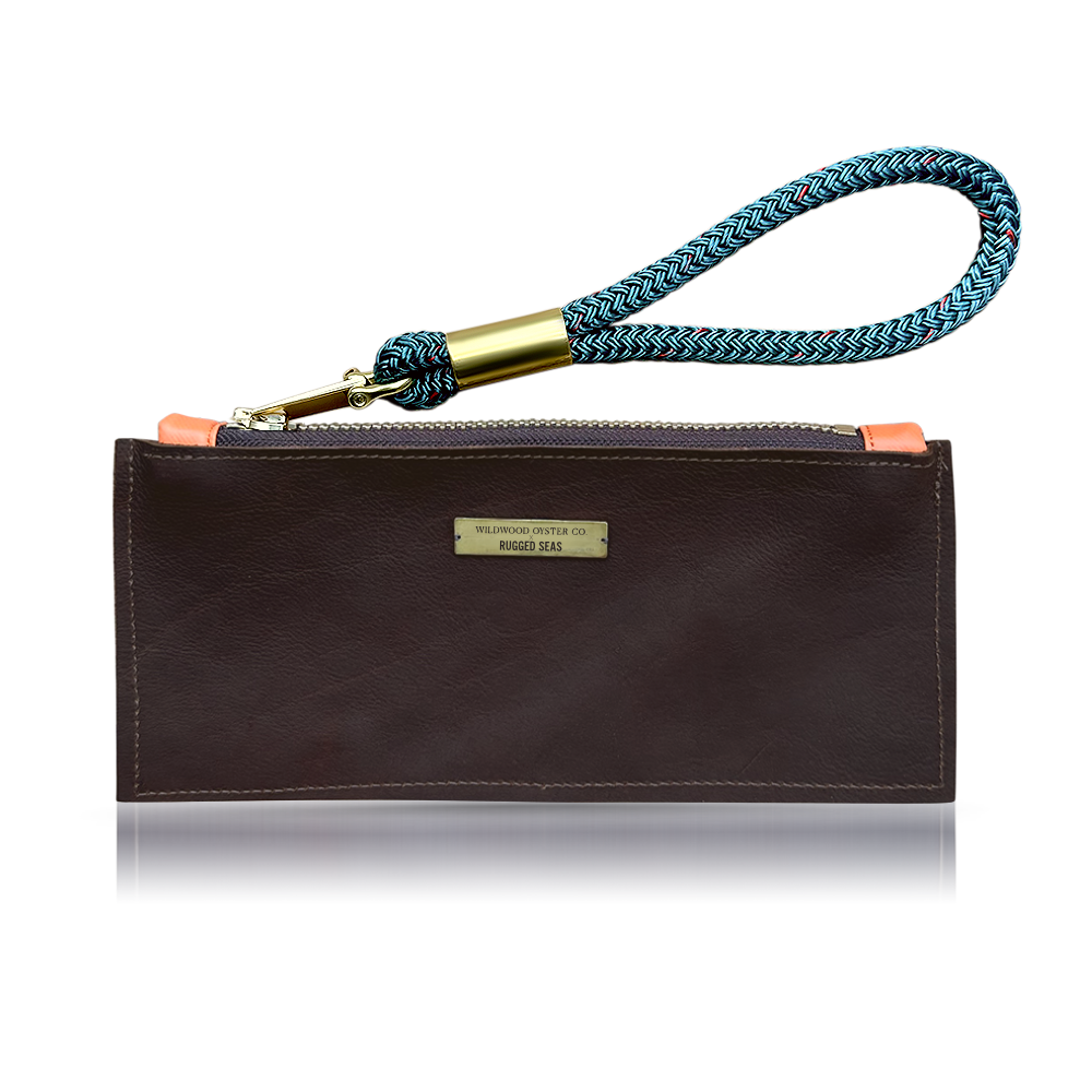 rugged seas brown leather clutch with teal wristlet